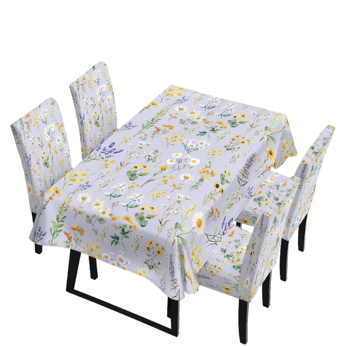 Blue Floral Rectangular Table Cloth & Dining Chair Covers Set of 5, Stain Resistant Wipeable Chair Protectors for Farmhouse Rustic Home Kitchen Party Decor