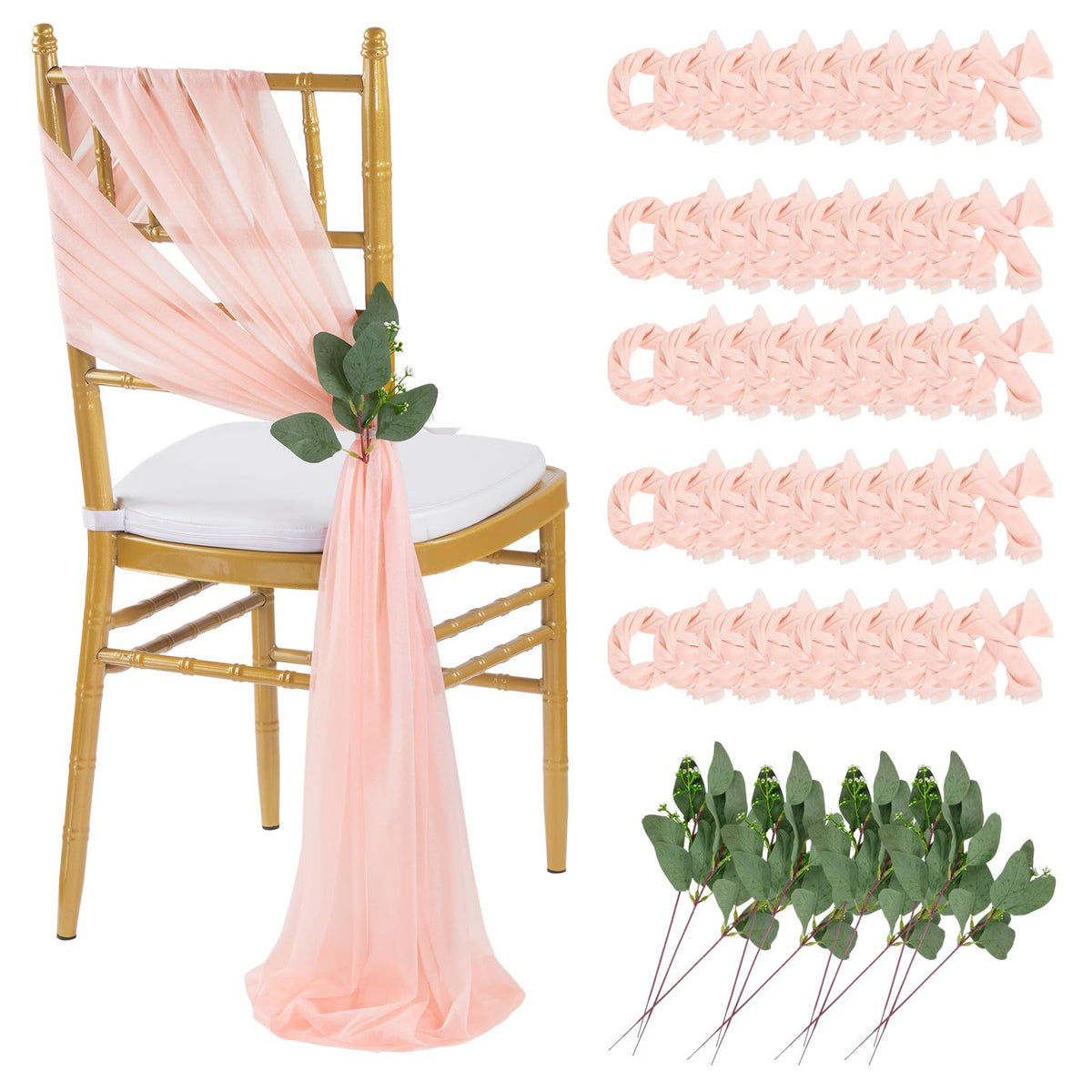 QueenDream White Chair Sashes Wedding Aisle Decorations: 24 Packs 8ft Long Draping Fabric Sheer Church Chair Cover Bulk for Party Banquet