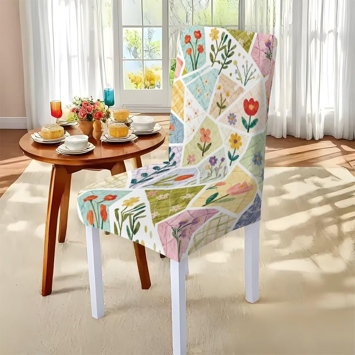 5 Pcs Table Cover Chair Covers Set Coloful Floral Dustproof Kitchen Seat Covers Set of 4 with Table Cover for Home Decor Soft Furniture Protector for Wedding Party Banquet