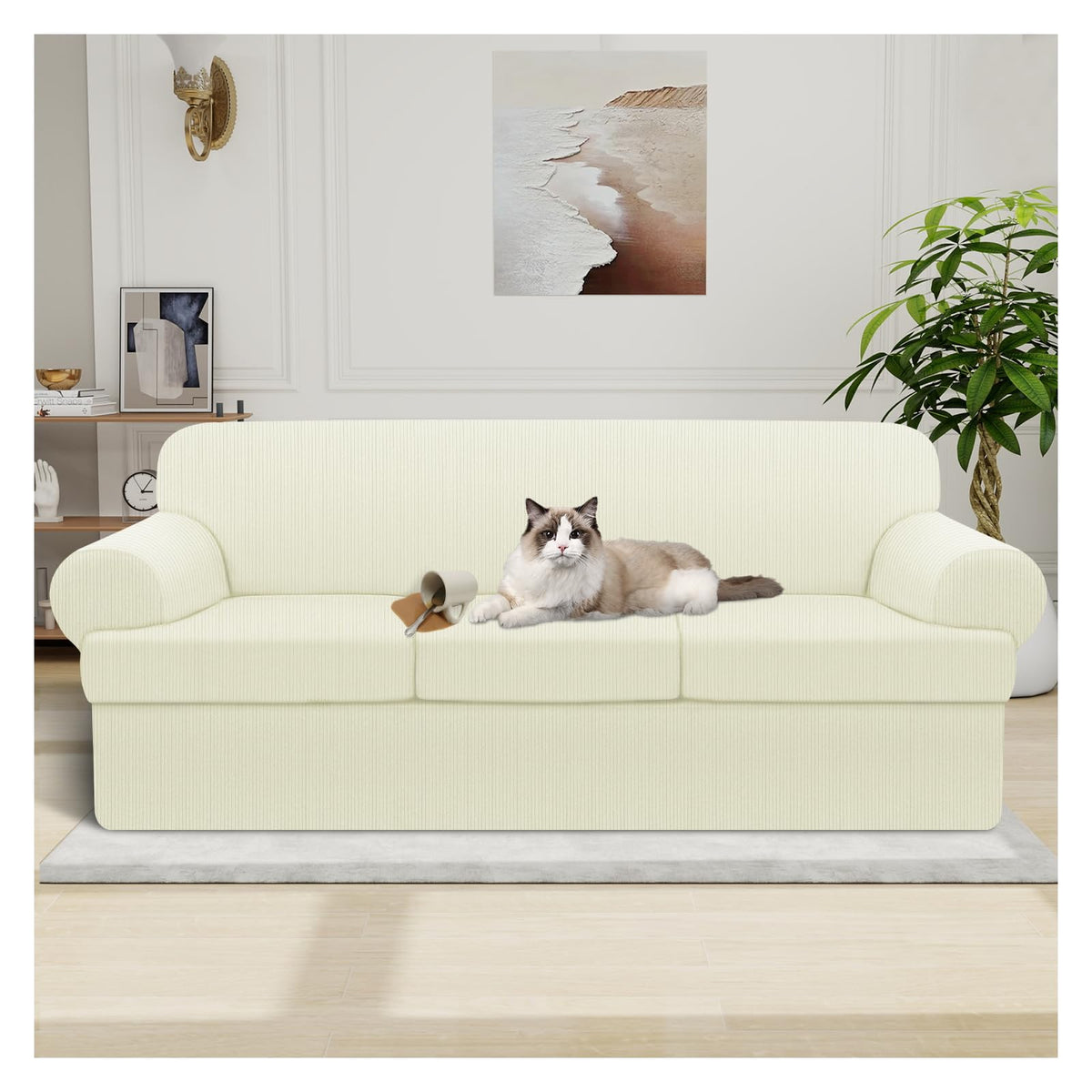 100% WaterproofLoveseat Cover 3-Piece Set Striped Loveseat Slipcovers for 2 Cushion Couch Sofa Covers with TPU Leakproof Bottom Stretch Couch Protector Pet Proof - Loveseat, Navy
