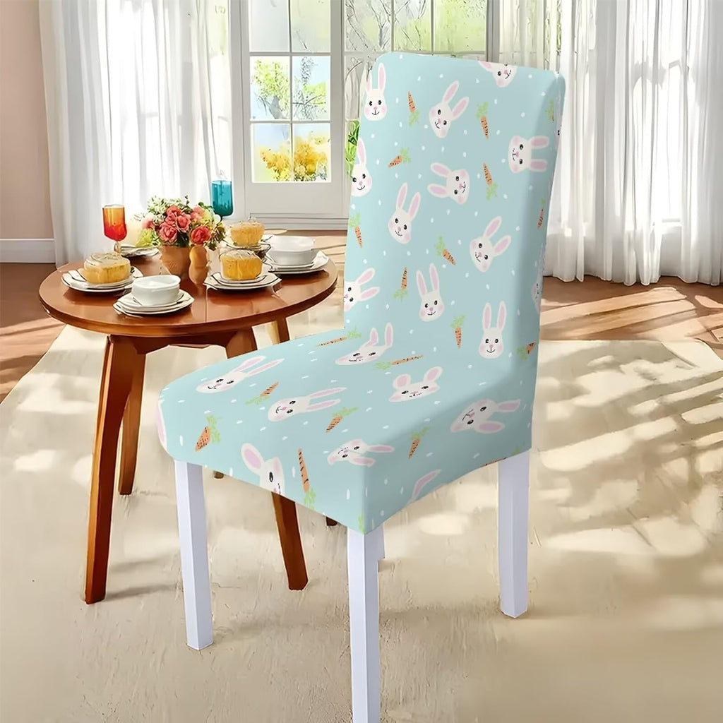 Table Cloth Rectangle Table Set of 5 Include Kitchen Chair Covers and Tablecloths for Dining Room Easter Decor, Anti-Scratch Chair Seat Protector Cover, Blue Cartoon Rabbit Carrot Dot