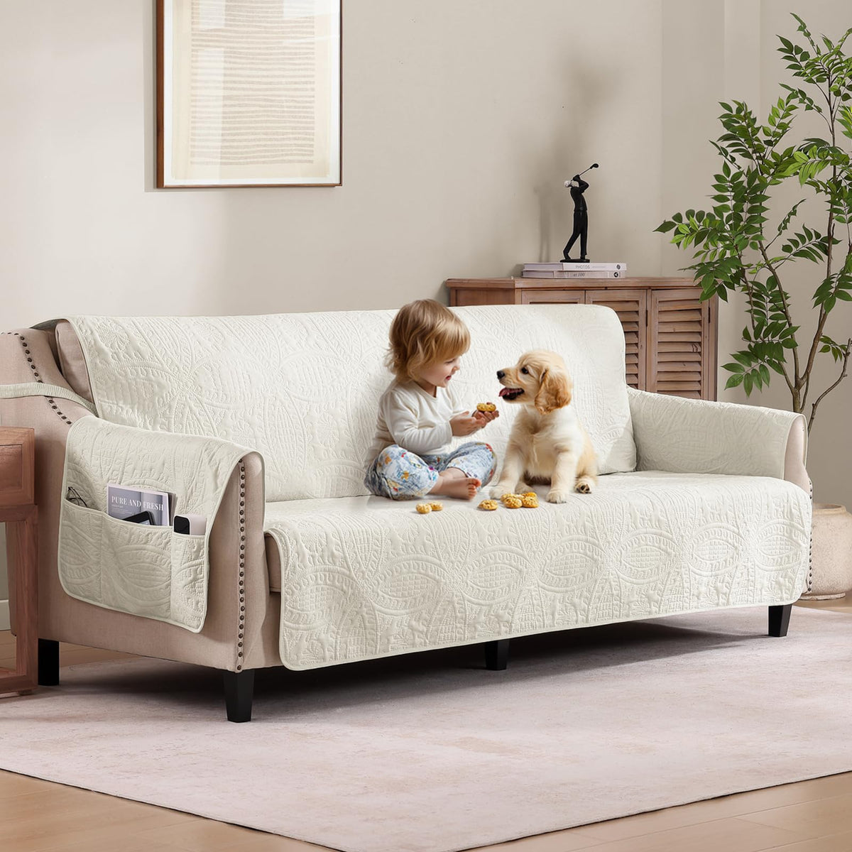 Beige Loveseat Covers for 2 Cushion Couch, Water-Repellent Quilted Covers for Sofa, Machine Washable Love Seat Couch Covers, Pet Friendly Loveseat Slipcovers (Loveseat 48", Beige Cream)