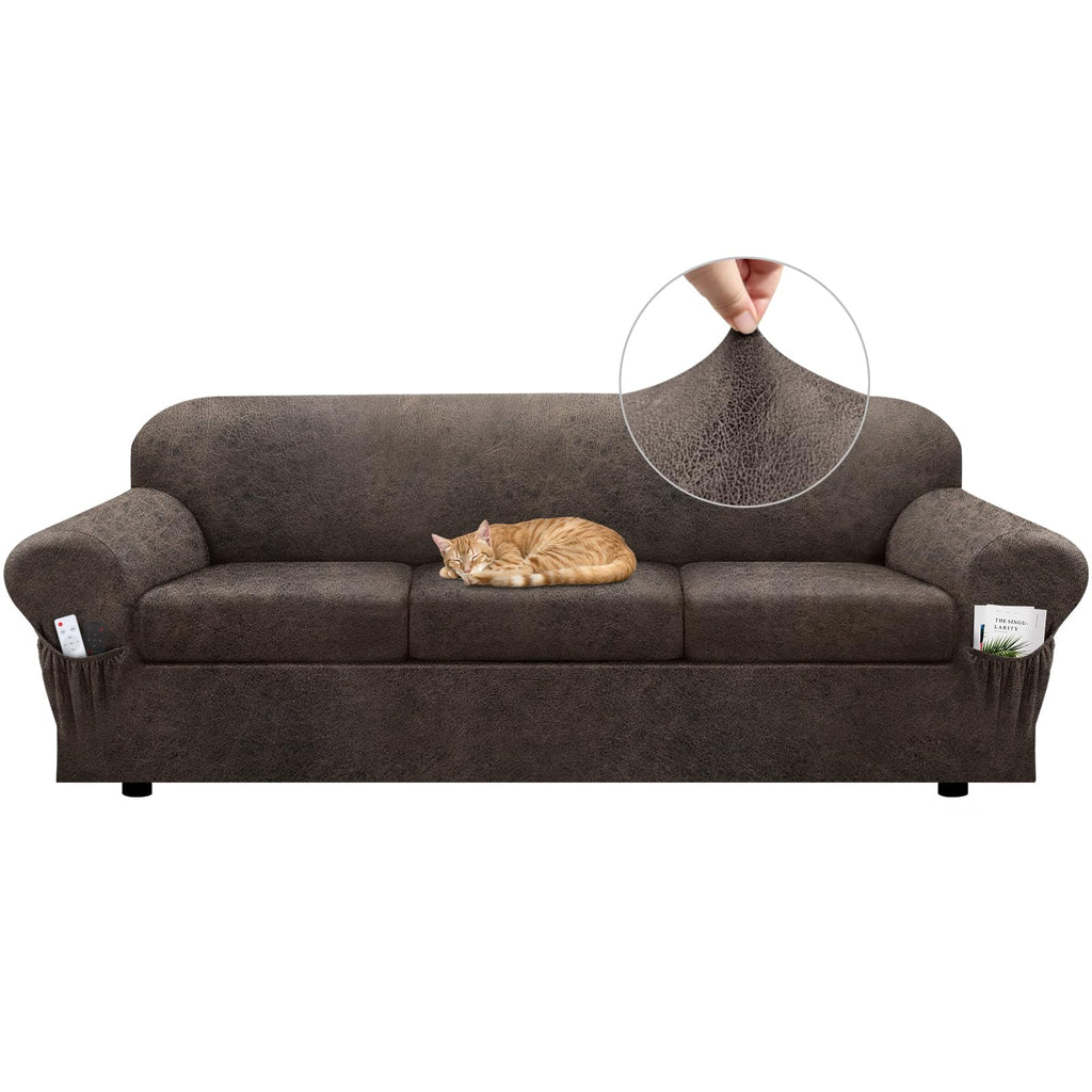 Loveseat Slipcover with Armrest Pockets 3-Piece Set, Stretch Faux Leather Love Seat Covers for 2-Cushion Couches(Fits 58-66") - Non-Slip, Machine Washable, Pet & Kid Friendly - Beige