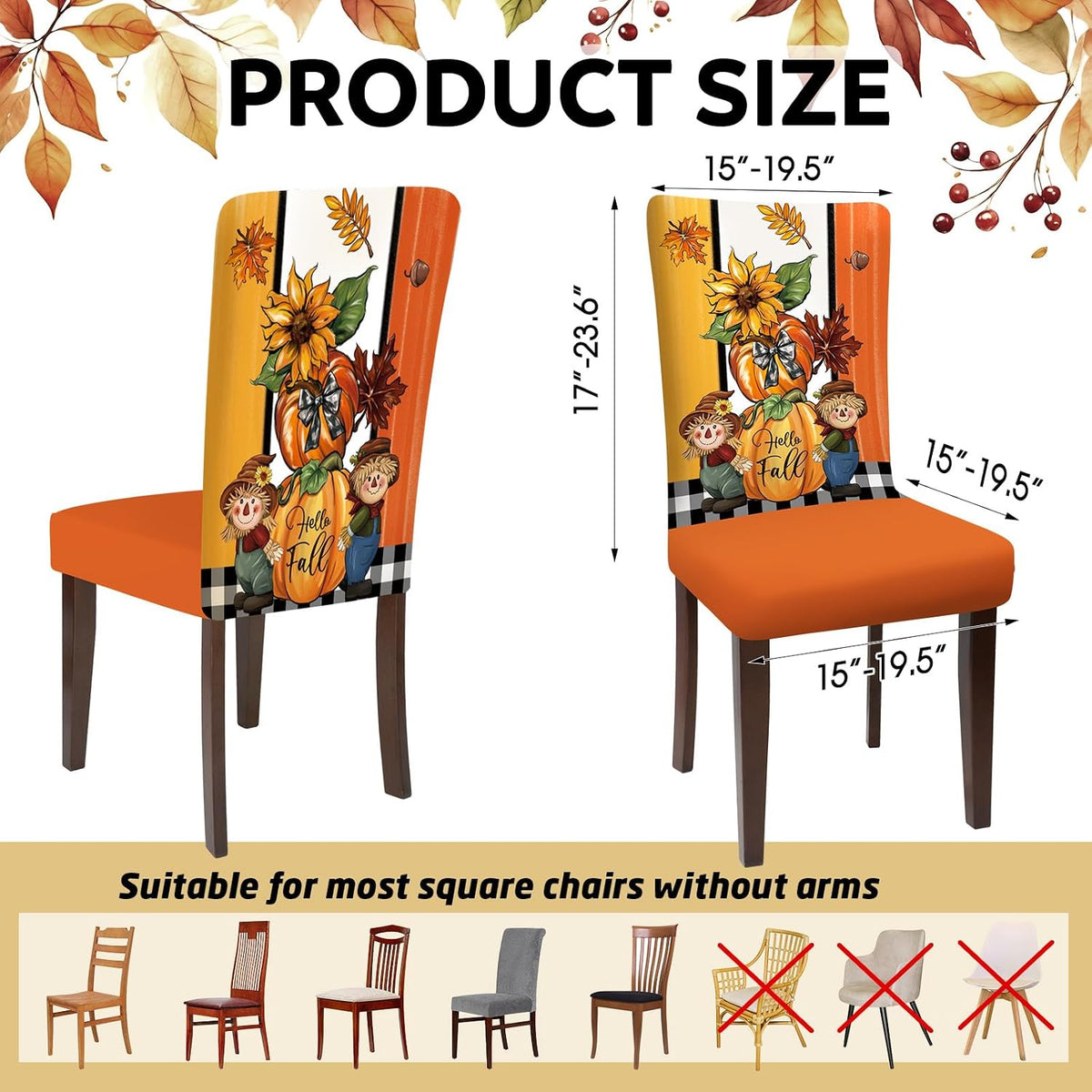 Chair Covers Set of 6 Dining Protector Stretch Autumn Pumpkin Scarecrow Maple Leaves Slipcovers Removable Washable for Dining Hotel Party Wedding