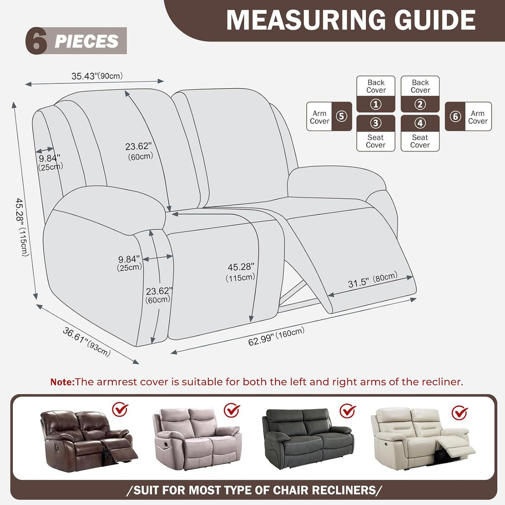 vctops Diamond Recliner Loveseat Slipcover 6-Pieces Stretch Dual Recliner Sofa Covers for 2 Seat Dual Reclining Loveseat Couch Soft Solid Furniture Protector (Dark Coffee,2 Seat)