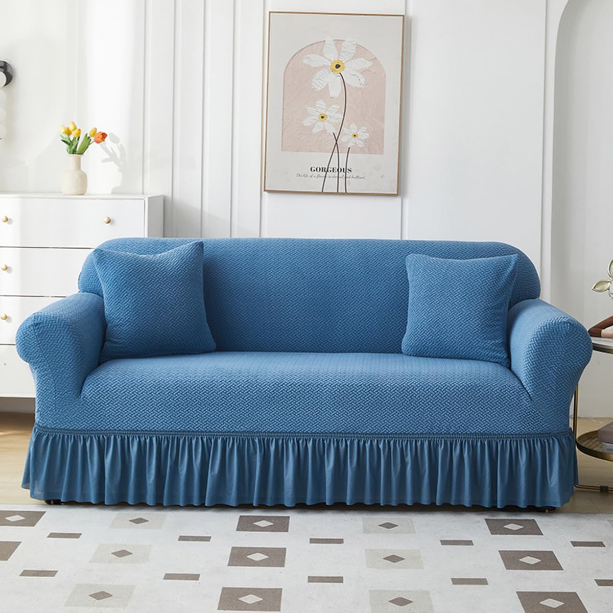 KAIJIE 1 piece Double seat Textured Sofa Slipcover with Ruffle Skirt,Elastic Stretch Fabric，Leaf Pattern Design Thick Anti Slip Protective Cover C-01Haze Blue