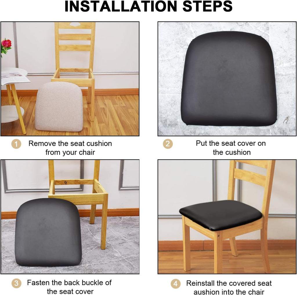 Leather Stretch Chair Seat Covers Waterproof Cushion (Black,4 PCS)