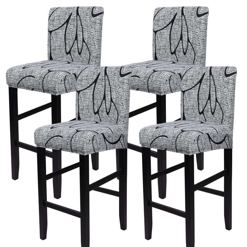 SearchI Bar Stool Covers Set of 4, Stretch Washable Barstool Seat Covers, Counter Height Chair Covers for Kitchen Dining Room Cafe (Beige Linen-Look Print)