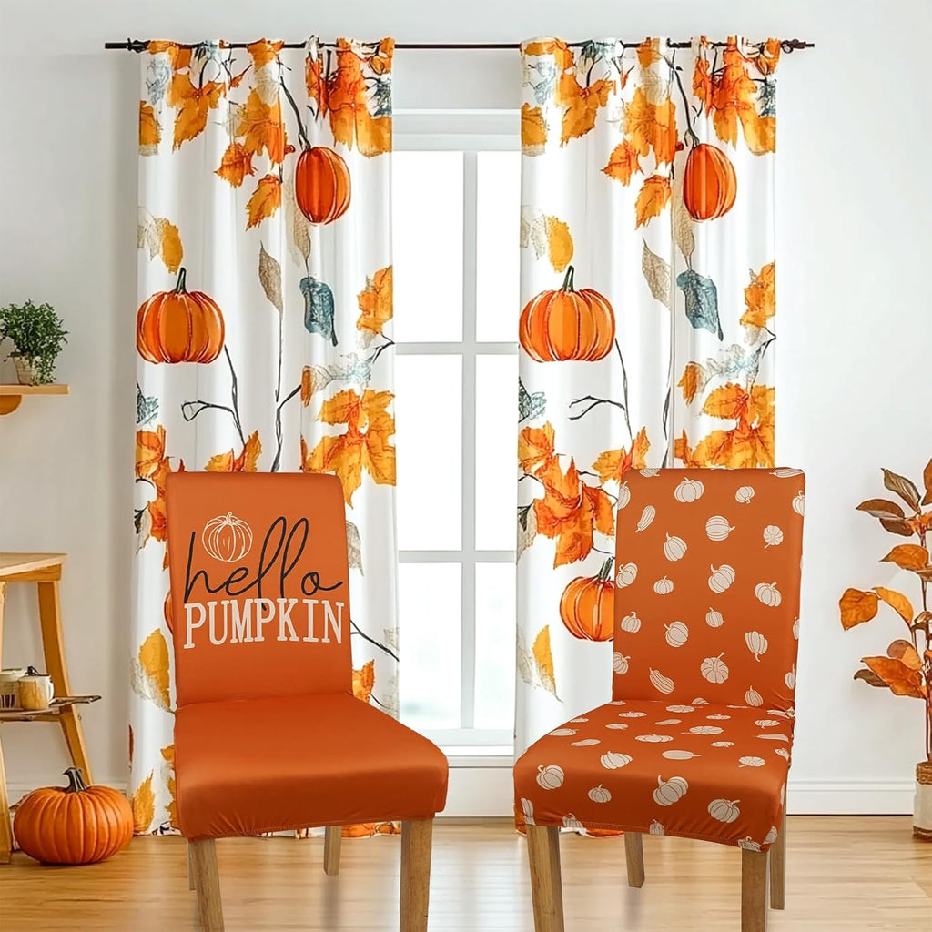 6 Pcs Fall Chair Covers for Dining Room, Thanksgiving Stretch Removable Dining Chair Cover Set of 6, Autumn Pumpkin Chair Slipcovers Seat Protector for Fall Restaurant Decor