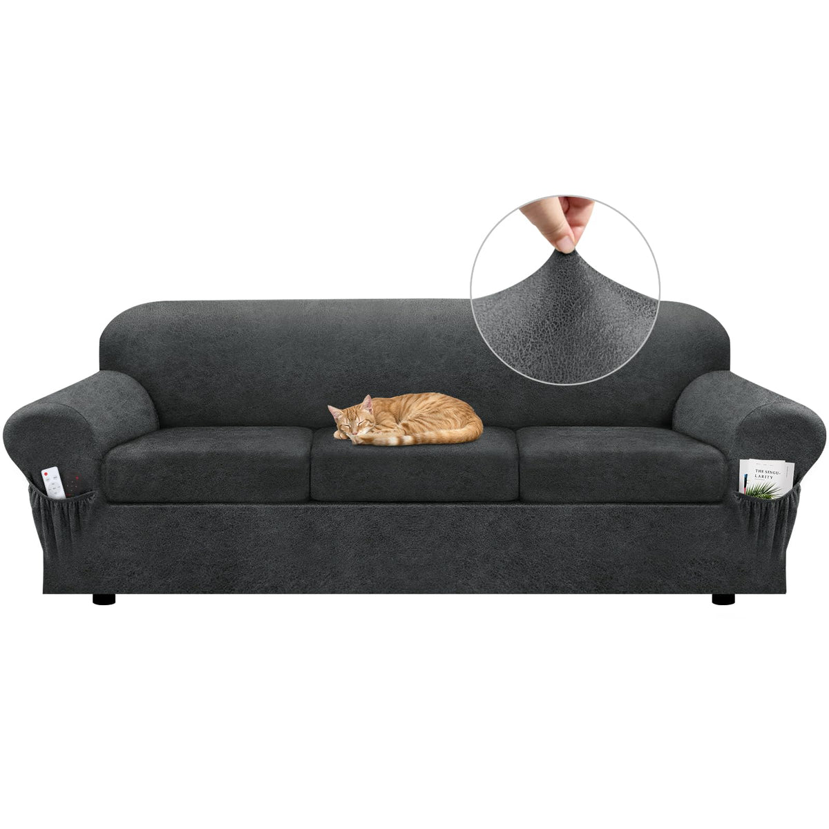 Loveseat Slipcover with Armrest Pockets 3-Piece Set, Stretch Faux Leather Love Seat Covers for 2-Cushion Couches(Fits 58-66") - Non-Slip, Machine Washable, Pet & Kid Friendly - Beige