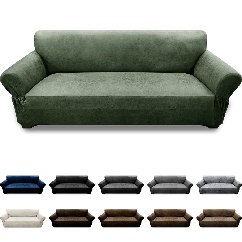 3-Pieces T Cushion Loveseat Slipcovers Leather Look Couch Cover Loveseat Covers for 2 Cushion Couch Furniture Protector Stretch Sofa Cover with 2 Individual T Cushion Seat Covers, Brown
