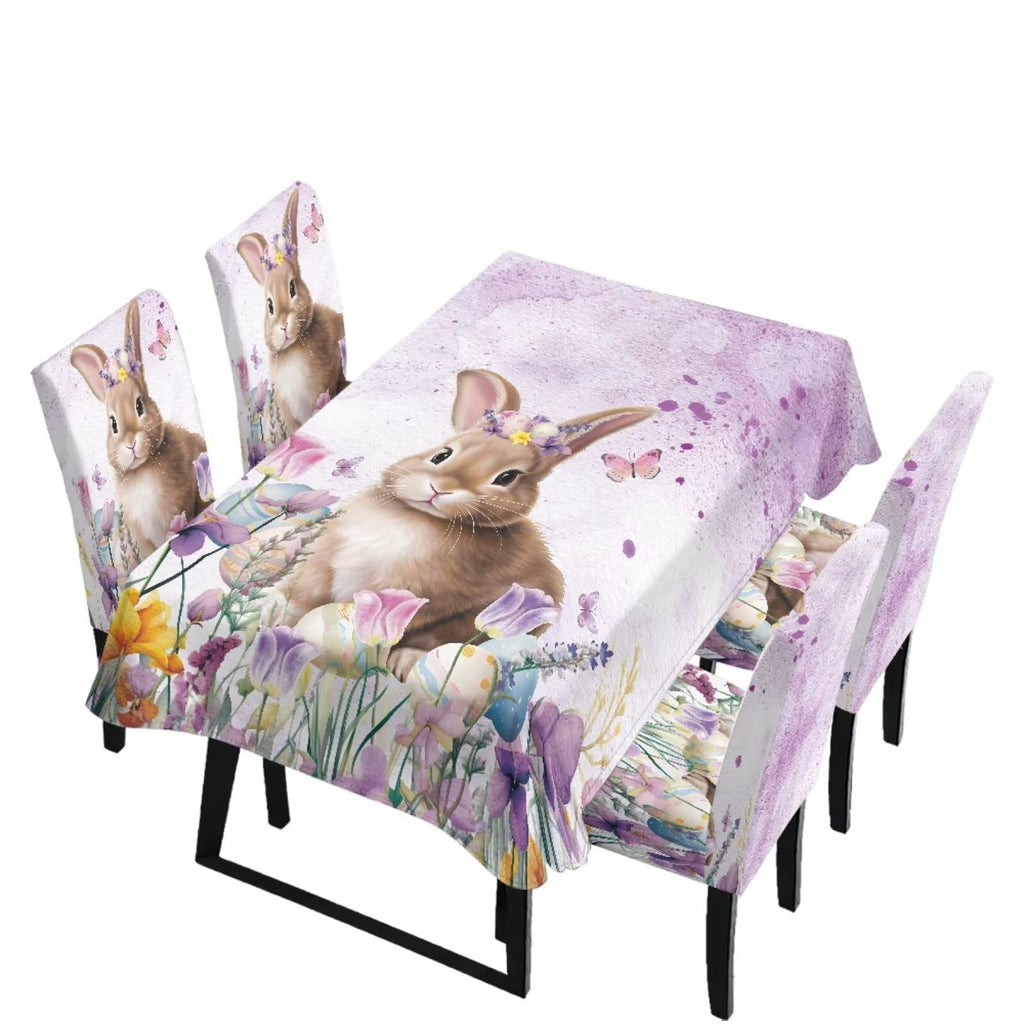 Table Cloth Rectangle Table Set of 7 Include Kitchen Chair Covers and Tablecloths for Dining Room Hotel Banquet, Anti-Scratch Chair Seat Protector Cover, Daisy Hippie Flower Print