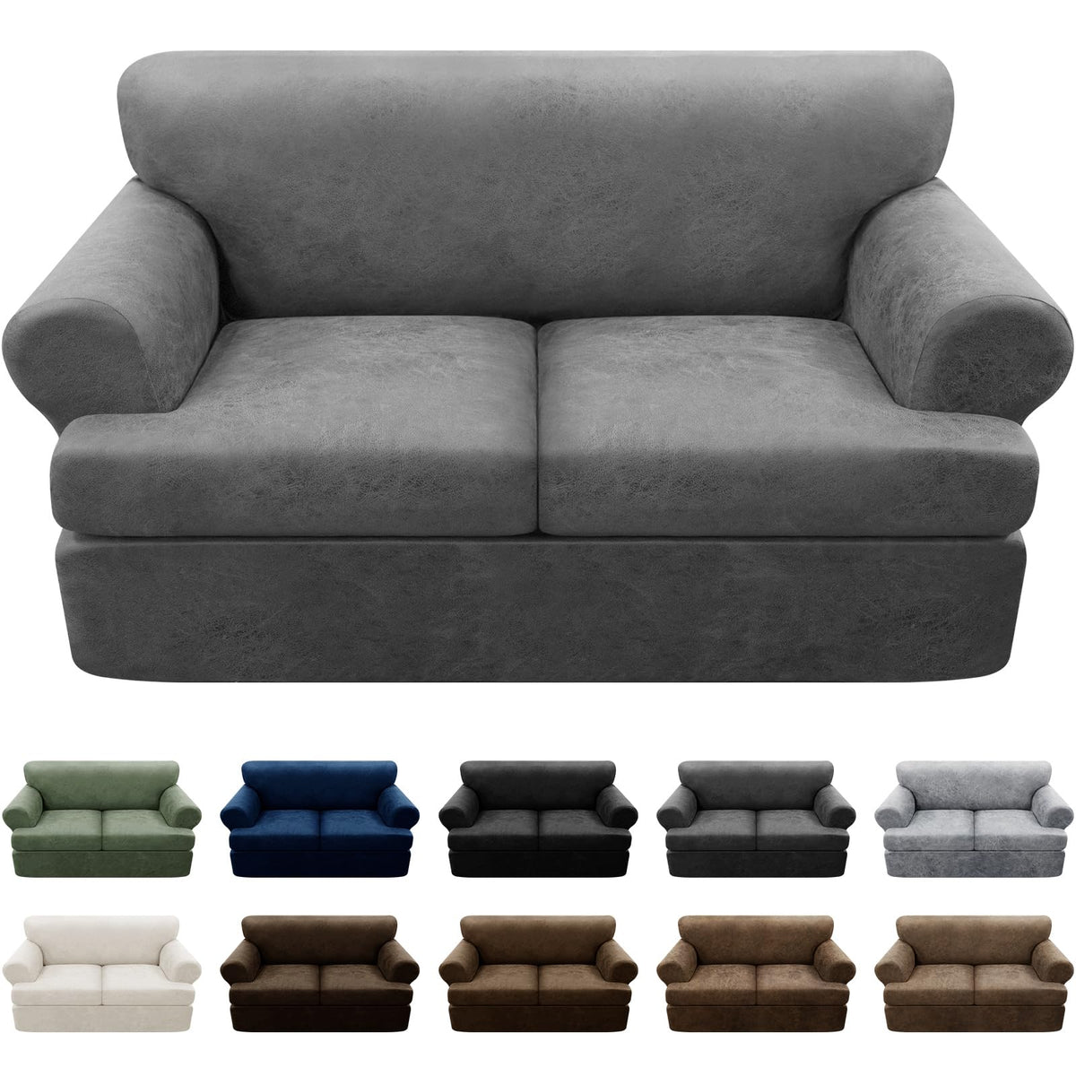 3-Pieces T Cushion Loveseat Slipcovers Leather Look Couch Cover Loveseat Covers for 2 Cushion Couch Furniture Protector Stretch Sofa Cover with 2 Individual T Cushion Seat Covers, Brown