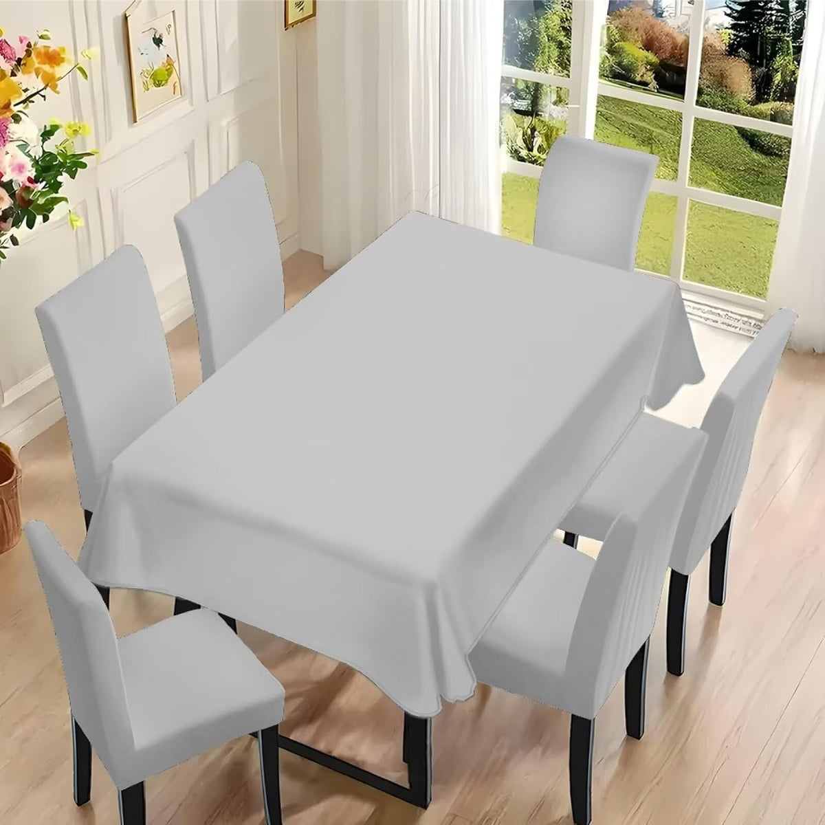 Light Grey 7 Pcs Tablecloth and Chair Covers Set Removable Chair Covers Set of 6 with Table Cover for Dining Room Washable Furniture Protector for Family Gathering Potluck