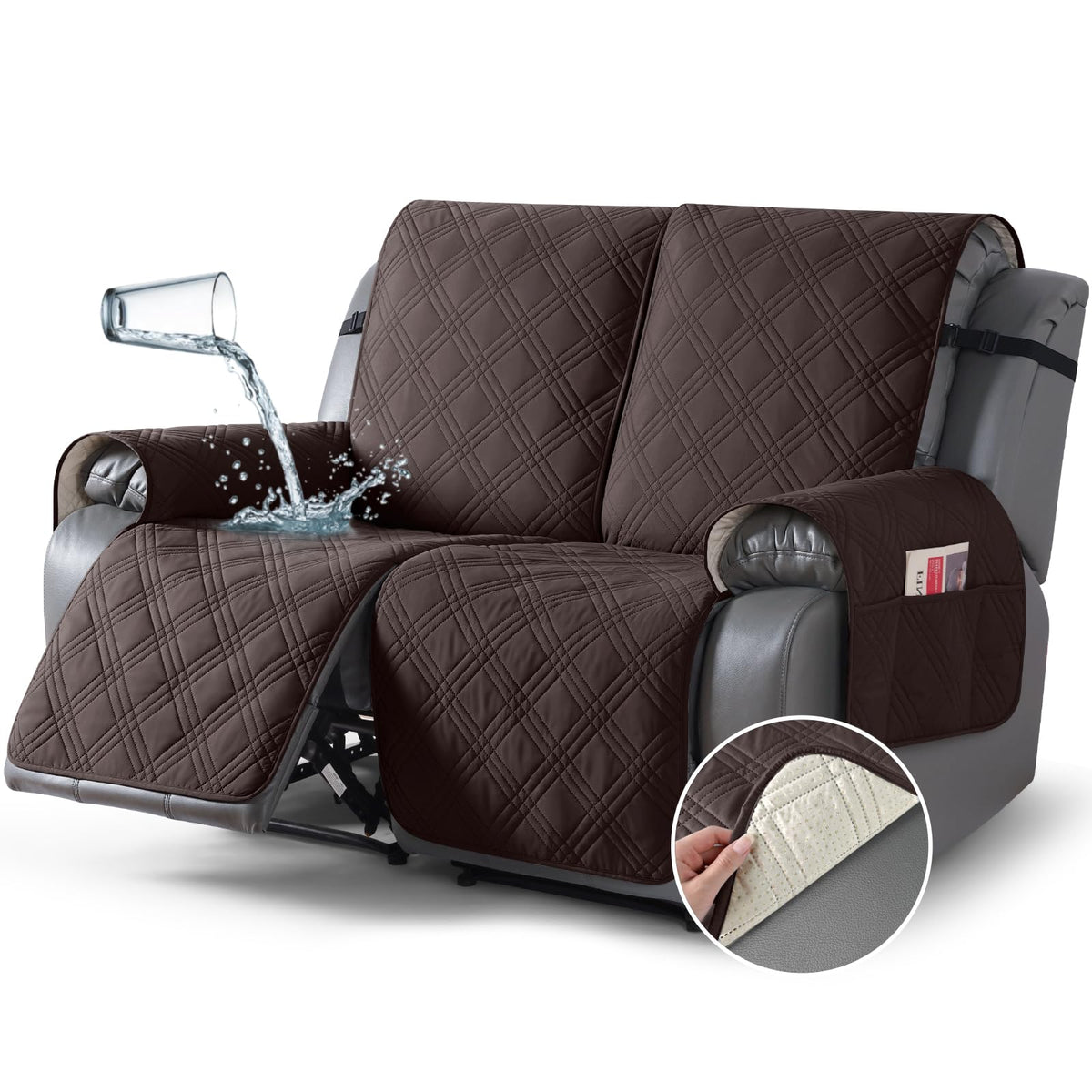 TAOCOCO 100% Waterproof Oversized Loveseat Recliner Cover, Non Slip Split Couch Covers for Reclining Loveseat with Elastic Straps for Kids Pets(Oversized 2 Seater, Chocolate)