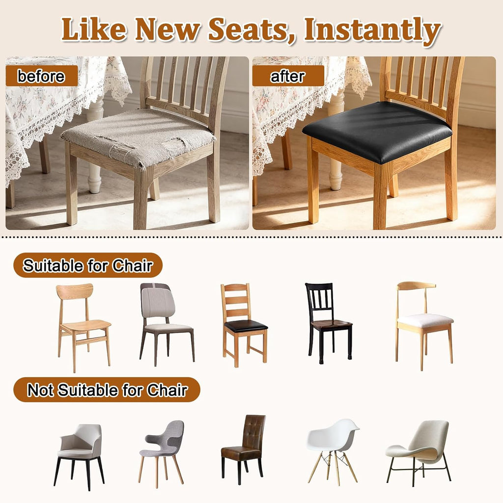 Dioxide Seat Covers Waterproof PU Leather Chair Covers Set of 6 for Dining Chairs,Stretch Fit Removable Chair Seat Protector Slipcovers with Elastic Band for Kitchen, Hotel (Black)
