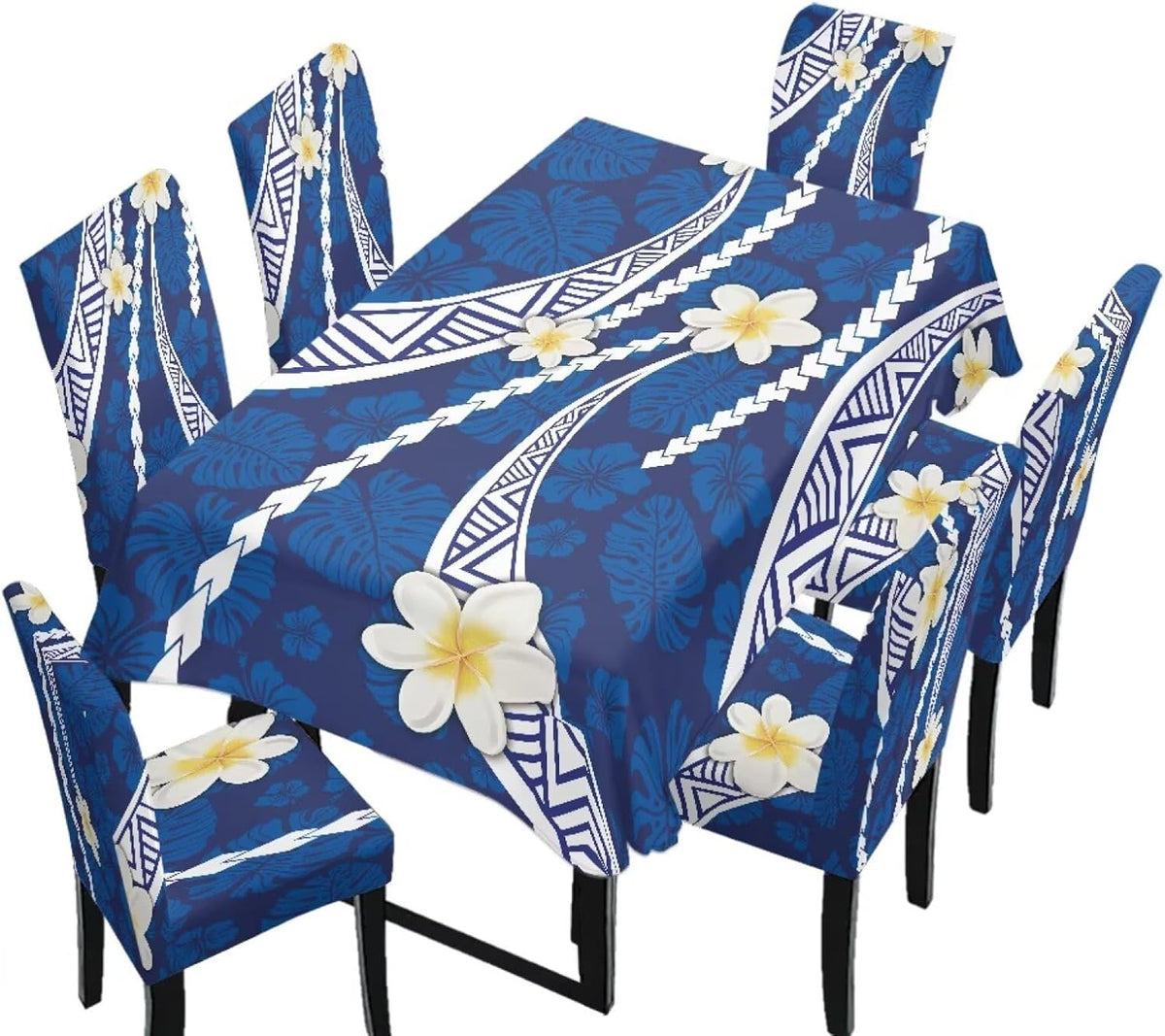 Polynesia Dining Room Chair Cover with Tablecloths 5 Pack, Scratch-Resistant Washable Parsons Chair Slipcovers Removable Table Cloth for Kitchen, Plumeria Floral Monstera Leaf Print Blue