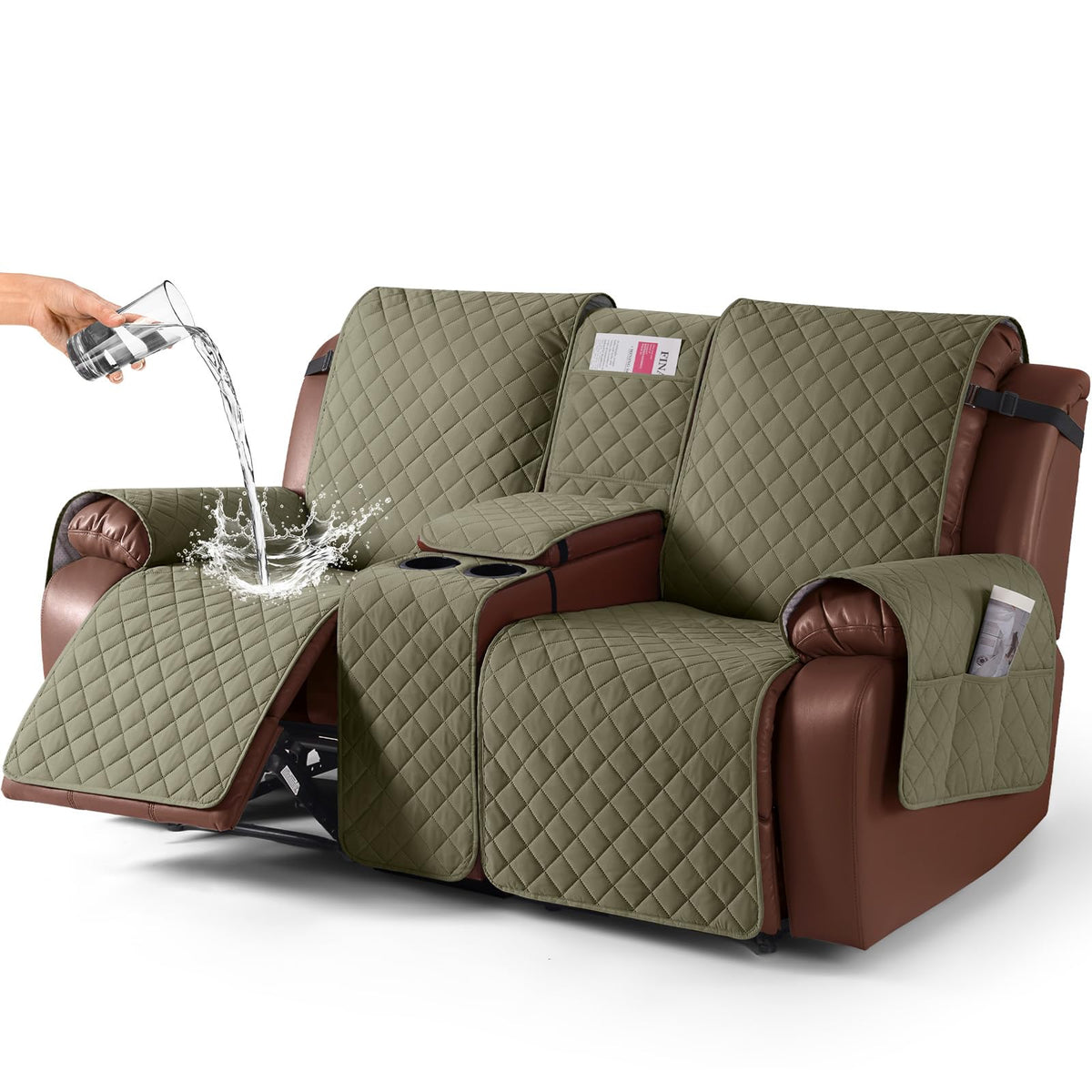 KinCam 100% Waterproof Loveseat Recliner Cover with Console, Khaki