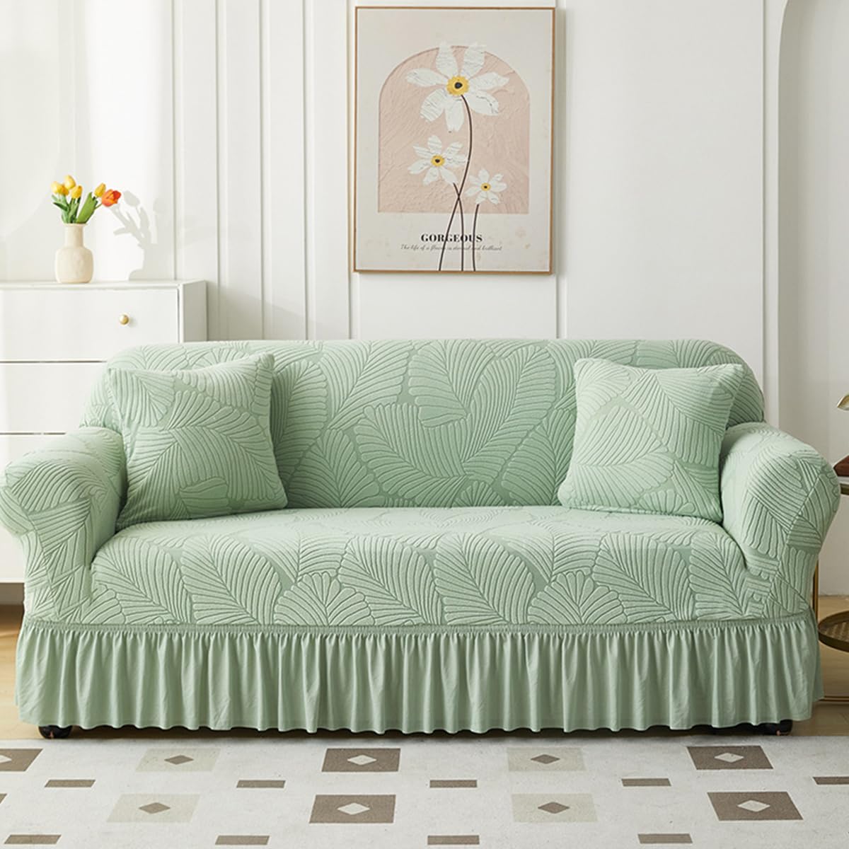 KAIJIE 1 piece Double seat Textured Sofa Slipcover with Ruffle Skirt,Elastic Stretch Fabric，Leaf Pattern Design Thick Anti Slip Protective Cover C-01Haze Blue
