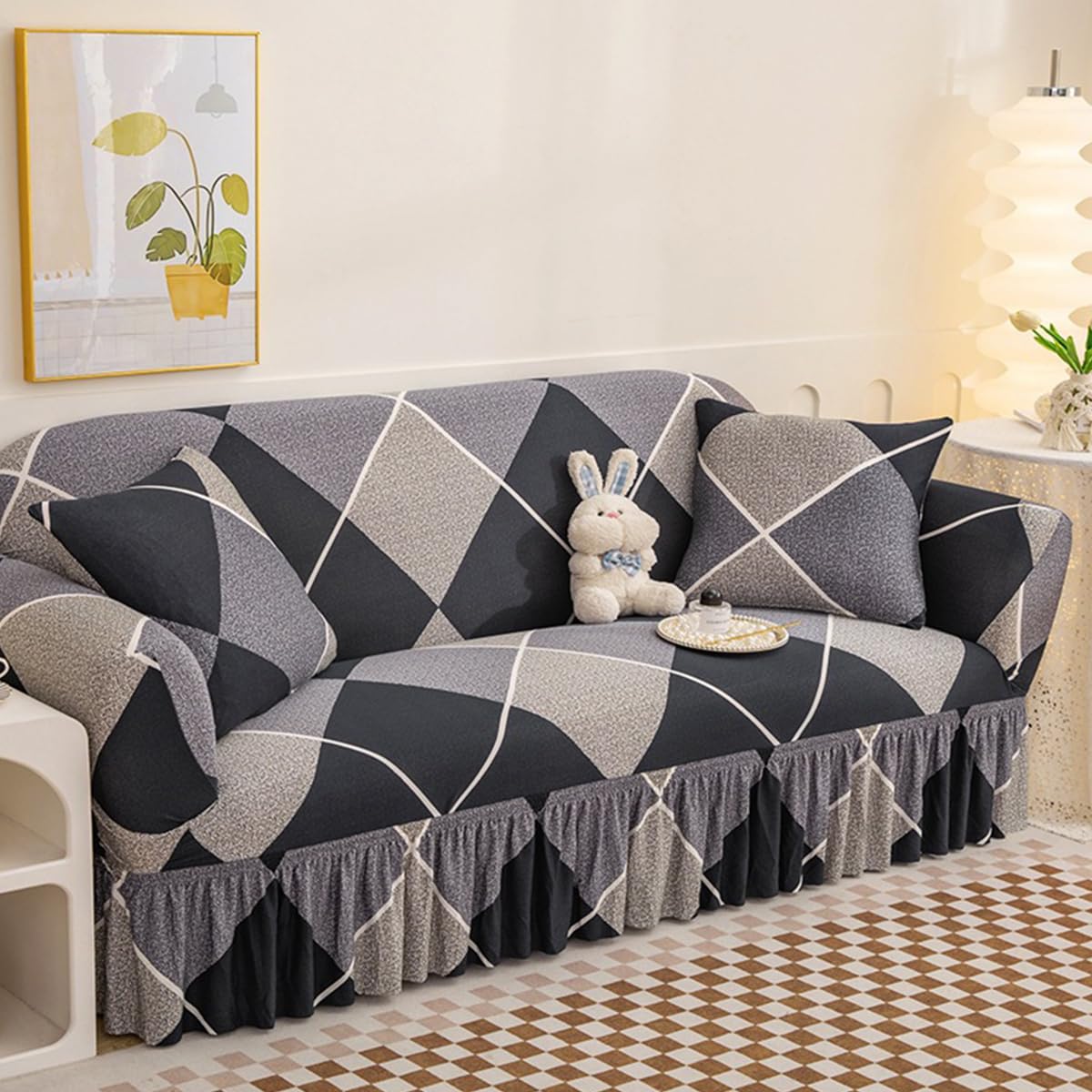 KAIJIE with Skirt 2-Seater Sofa Cover with Four Season Universal Polyester Fabric Jacquard Pattern Anti Slip and Anti pet Modern Furniture Protection Slipcover
