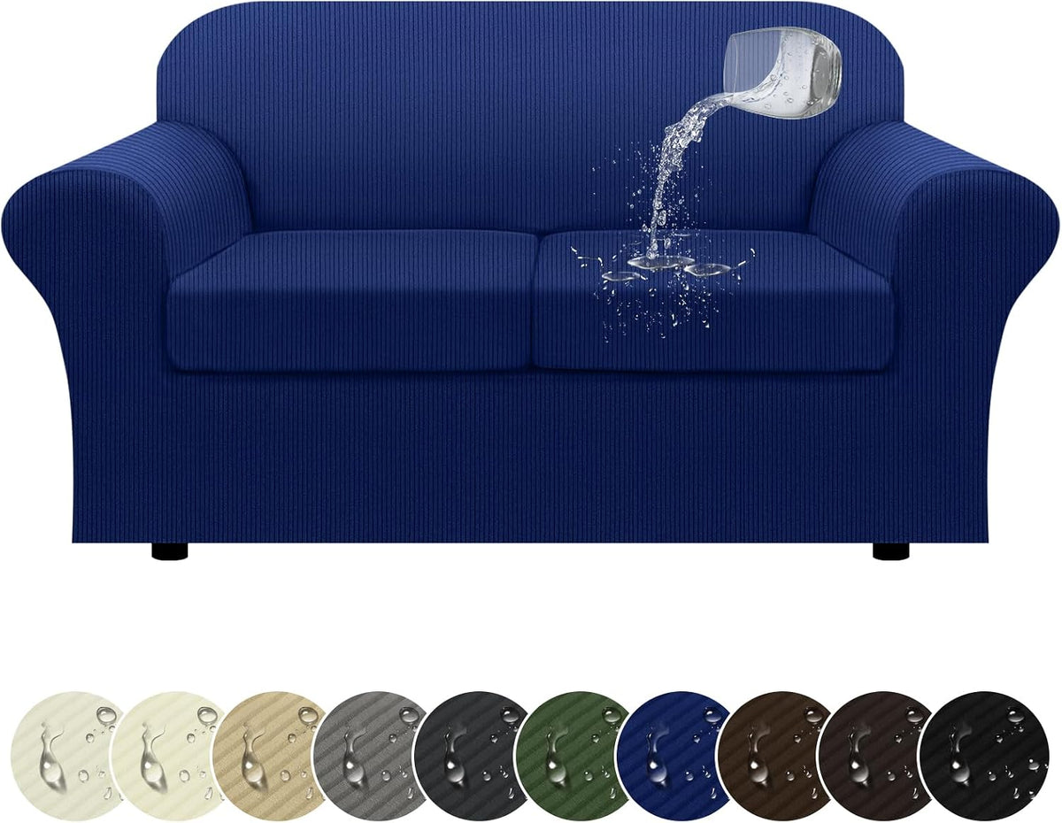 100% WaterproofLoveseat Cover 3-Piece Set Striped Loveseat Slipcovers for 2 Cushion Couch Sofa Covers with TPU Leakproof Bottom Stretch Couch Protector Pet Proof - Loveseat, Navy