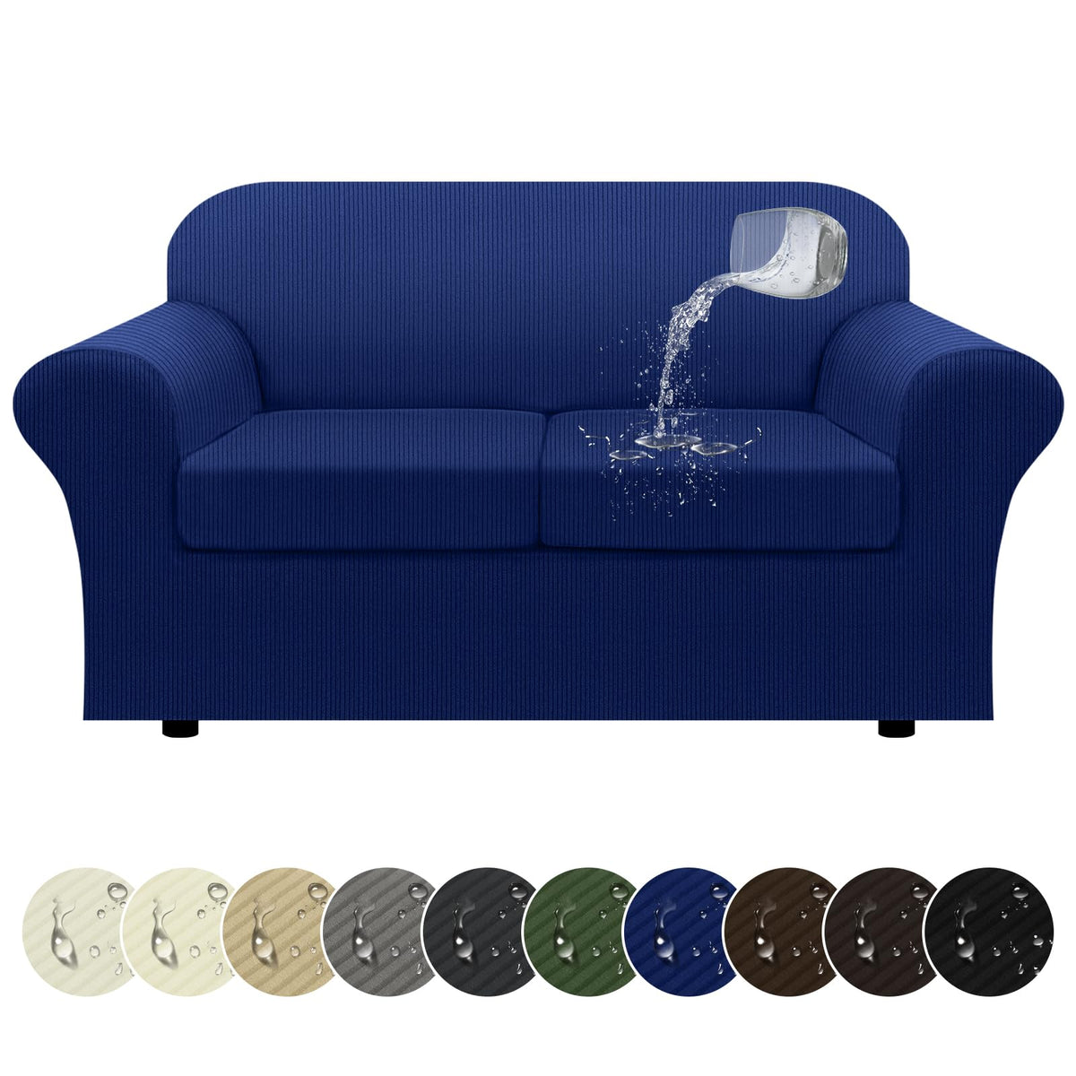 100% WaterproofLoveseat Cover 3-Piece Set Striped Loveseat Slipcovers for 2 Cushion Couch Sofa Covers with TPU Leakproof Bottom Stretch Couch Protector Pet Proof - Loveseat, Navy