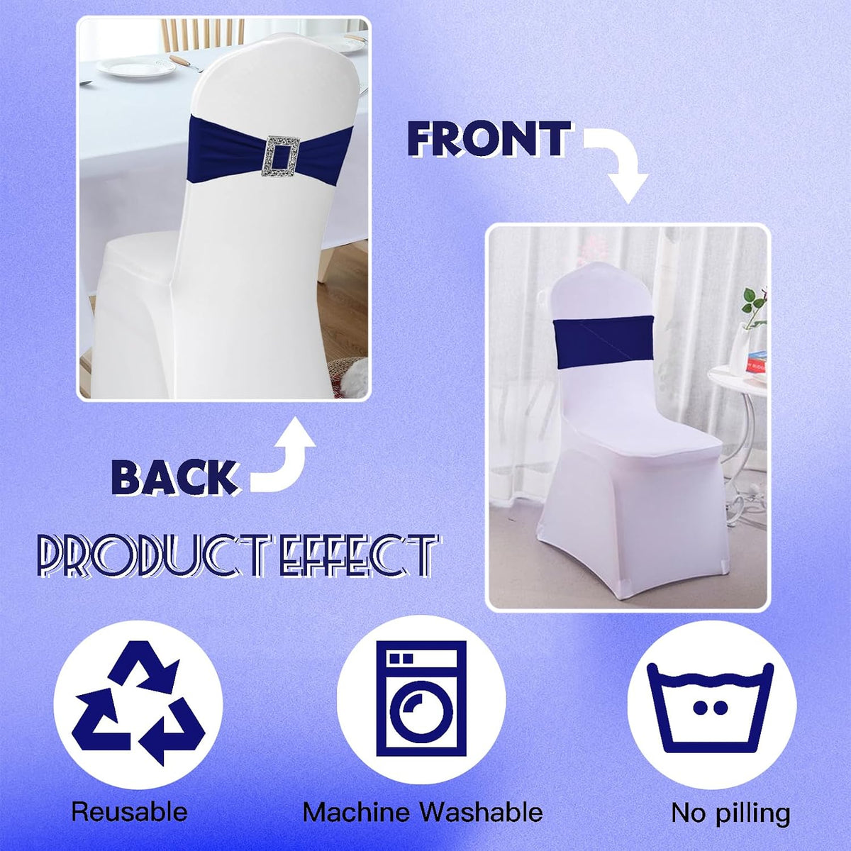 100 Pack Spandex Stretch Chair Sashes Bows Elastic Chair Cover Bands Ties with Buckle Slider for Wedding Party Banquet Restaurant Baby Shower Chairs Decorations (Navy Blue)
