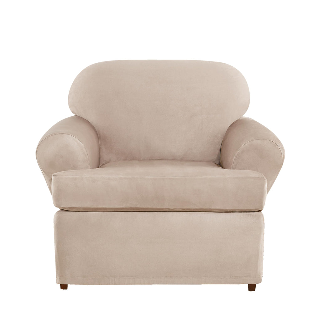 SureFit Home Décor Soft Suede Box Cushion Loveseat One Piece Slipcover, Relaxed Fit, Polyester, Machine Washable, Chocolate Color