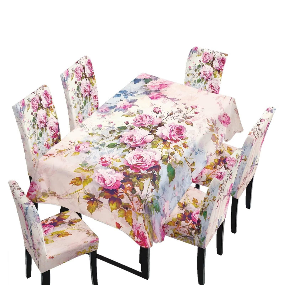 Blue Floral Rectangular Table Cloth & Dining Chair Covers Set of 5, Stain Resistant Wipeable Chair Protectors for Farmhouse Rustic Home Kitchen Party Decor