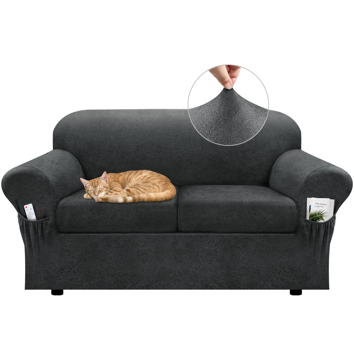 Loveseat Slipcover with Armrest Pockets 3-Piece Set, Stretch Faux Leather Love Seat Covers for 2-Cushion Couches(Fits 58-66") - Non-Slip, Machine Washable, Pet & Kid Friendly - Beige