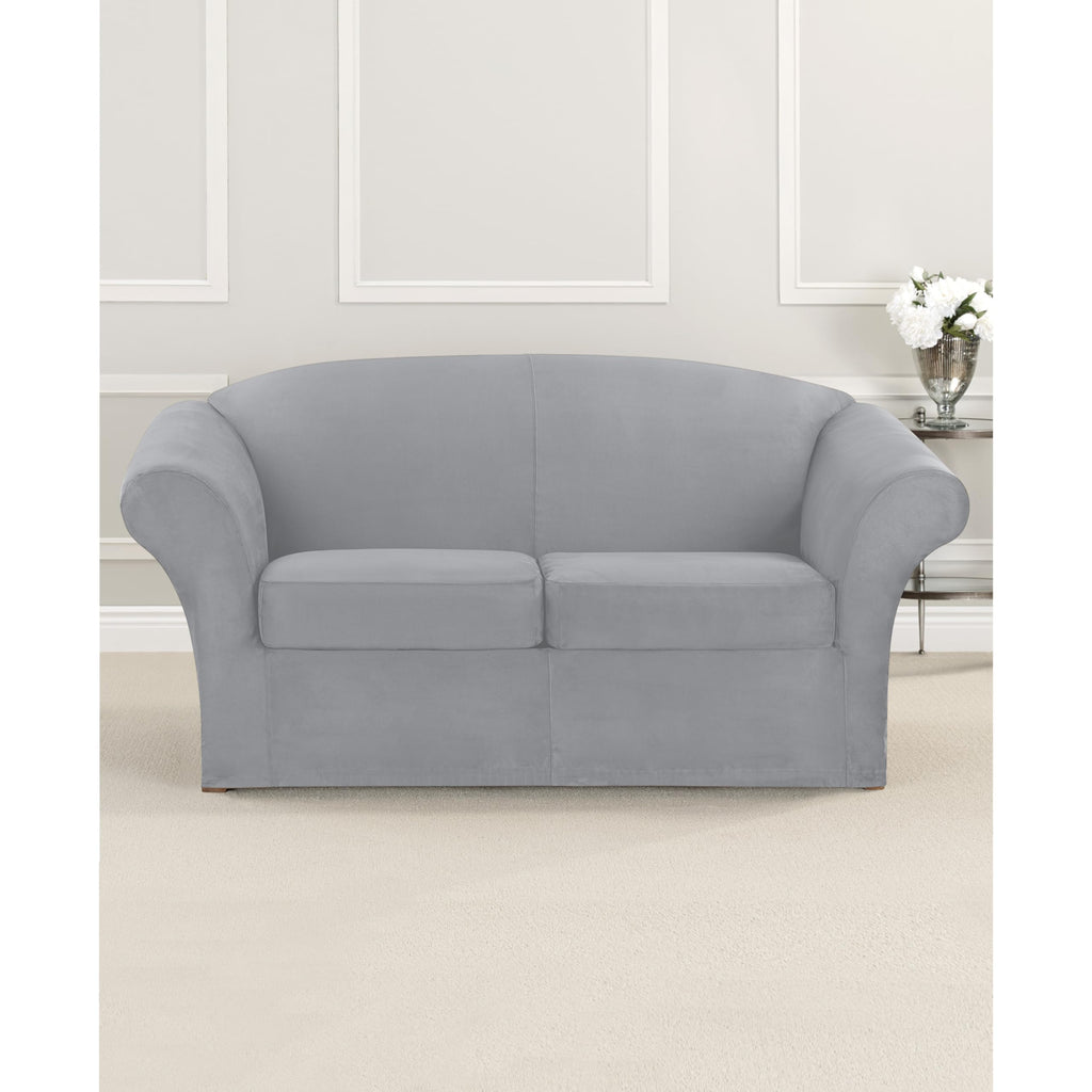SureFit Home Décor Soft Suede Box Cushion Loveseat One Piece Slipcover, Relaxed Fit, Polyester, Machine Washable, Chocolate Color