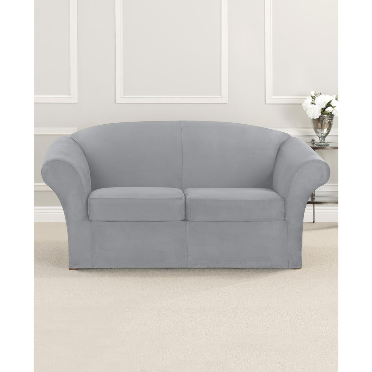 SureFit Home Décor Soft Suede Box Cushion Loveseat One Piece Slipcover, Relaxed Fit, Polyester, Machine Washable, Chocolate Color