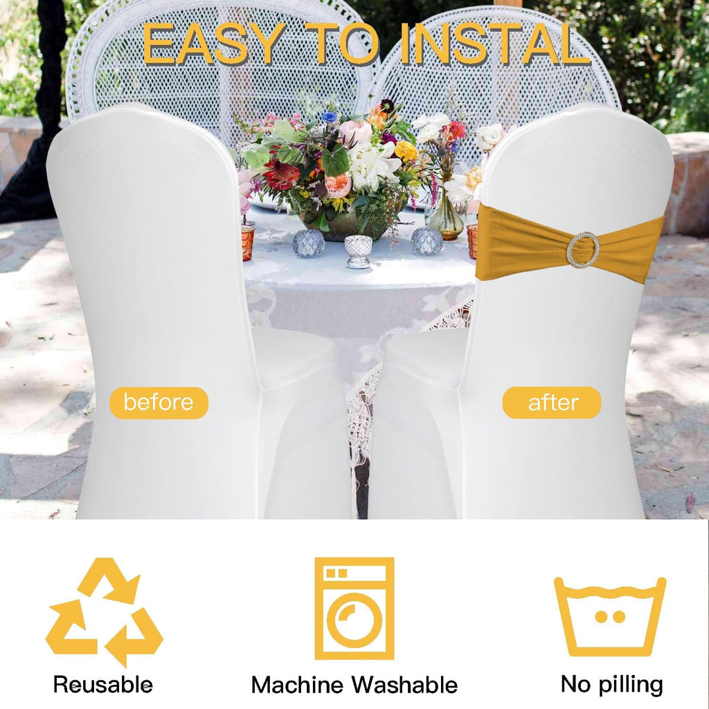 WJWHQ 100PCS Spandex Stretch Chair Sashes Bows Elastic Chair Cover Bands Ties with Buckle Slider for Wedding Party Reception Events Universal Ceremony Banquet Decorations (Gold)