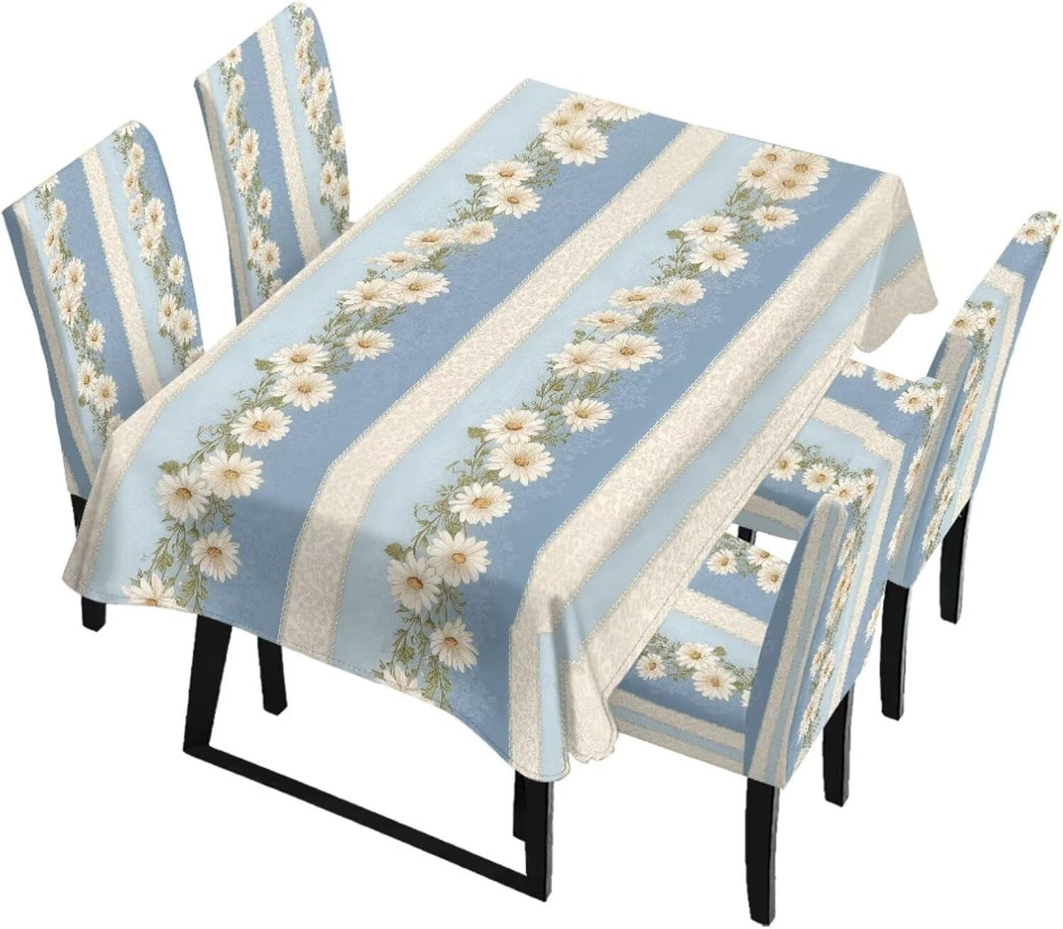 Polynesia Dining Room Chair Cover with Tablecloths 5 Pack, Scratch-Resistant Washable Parsons Chair Slipcovers Removable Table Cloth for Kitchen, Plumeria Floral Monstera Leaf Print Blue