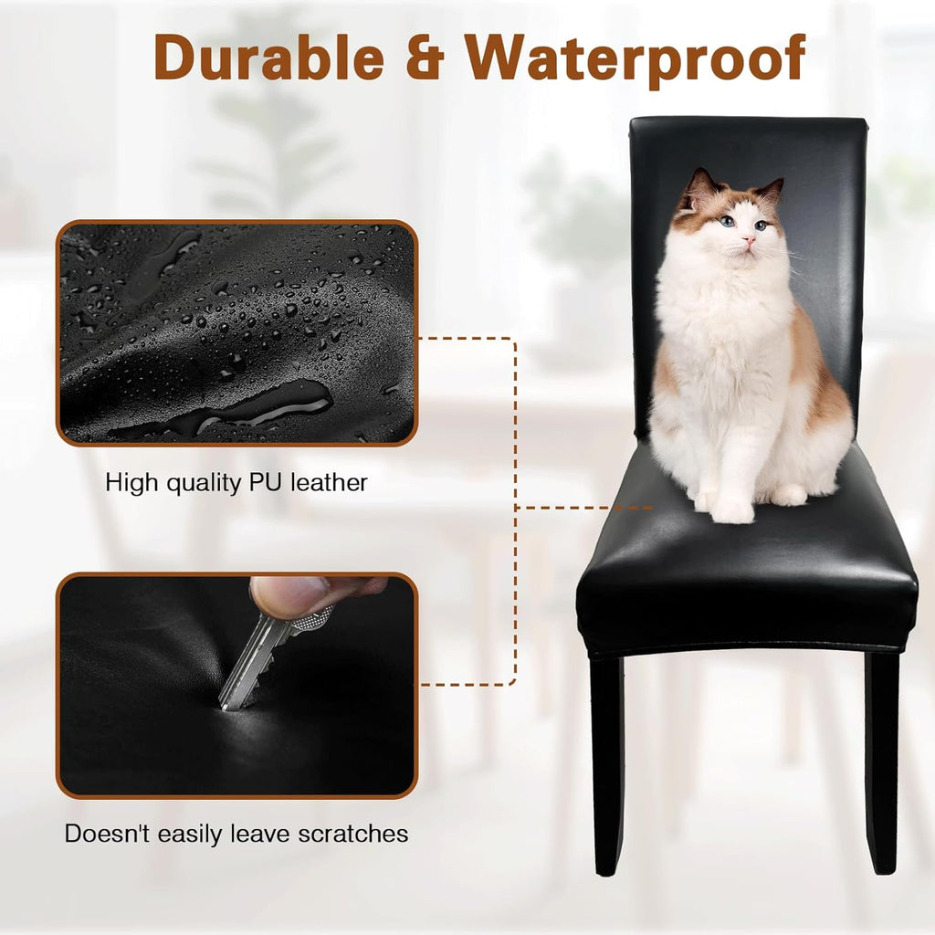 Leather Chair Covers for Dining Chairs Set of 4, Super Stretch Waterproof Kitchen Chair Covers Thickened Washable Dining Chair Slipcovers Black Chair Seat Covers for Dining/Kitchen/Banquet