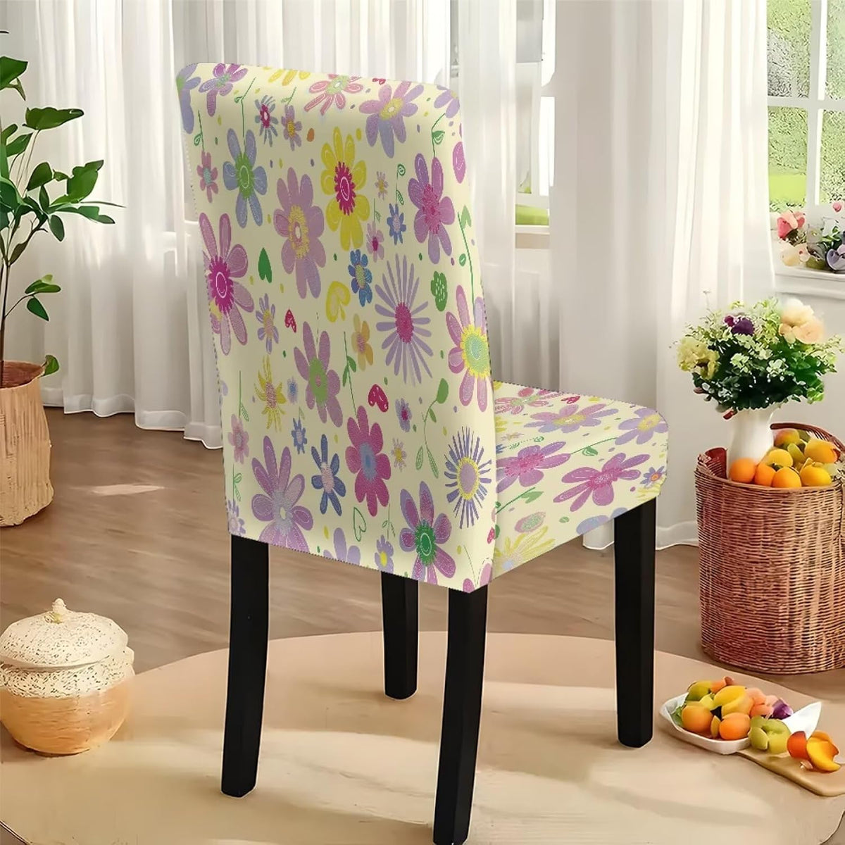 Table Cloth Rectangle Table Set of 7 Include Kitchen Chair Covers and Tablecloths for Dining Room Hotel Banquet, Anti-Scratch Chair Seat Protector Cover, Daisy Hippie Flower Print