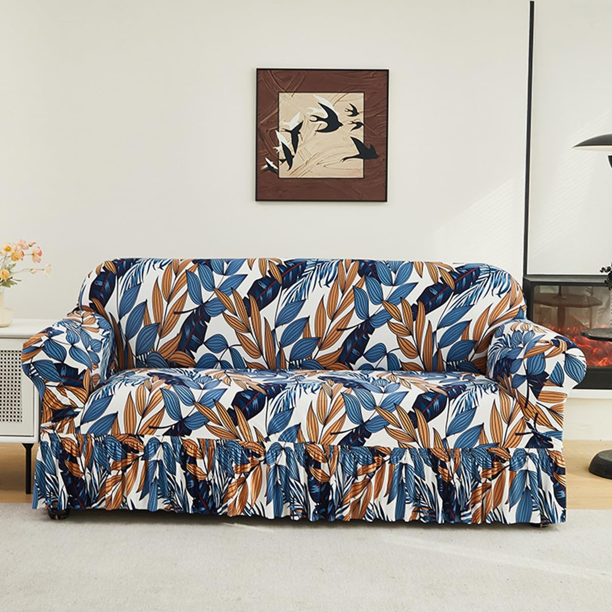 KAIJIE Super Stretch Sofa Slipcover–Non Slip Soft Couch Sofa Cover,Skirt Edge Design with Non Skid Foam and Elastic Bottoms for Crafted from Soft Polyester Printed Pattern（2-Person seat Couch Cover）
