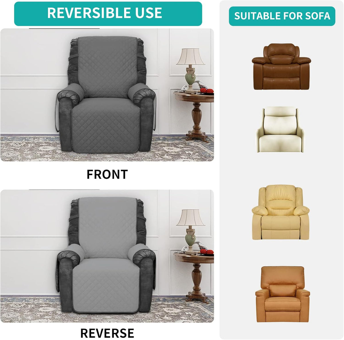Easy-Going Waterproof Recliner Loveseat Sofa Cover with Pocket, 1-Piece Reversible Couch Cover for 2 Seat Recliner, Protector with Elastic Straps for Pets(Recliner Loveseat, Gray/Light Gray)