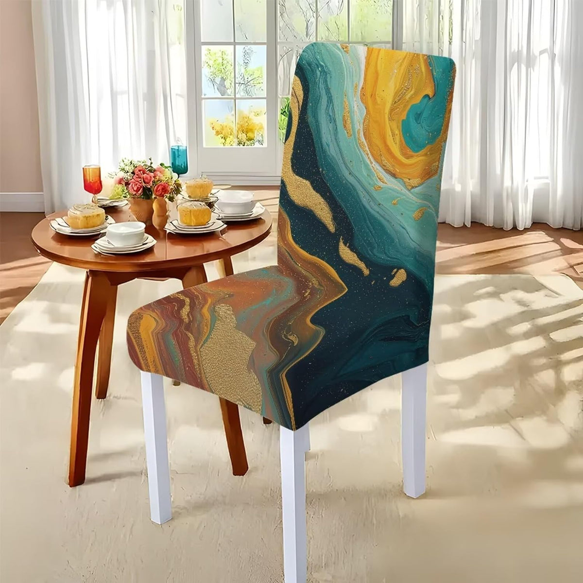 Table Cloth Rectangle Table Set of 7 Include Dining Chair Covers and Tablecloths for Dining Room Kitchen Banquet, Anti-Scratch Chair Seat Cover, Fluid Marble Print Green Gold Brown