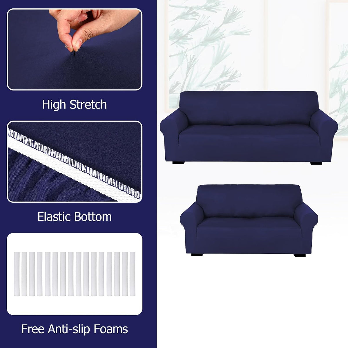 Peryiter 2 Pcs Couch and Loveseat Sofa Covers,Navy Blue,Milk Silk