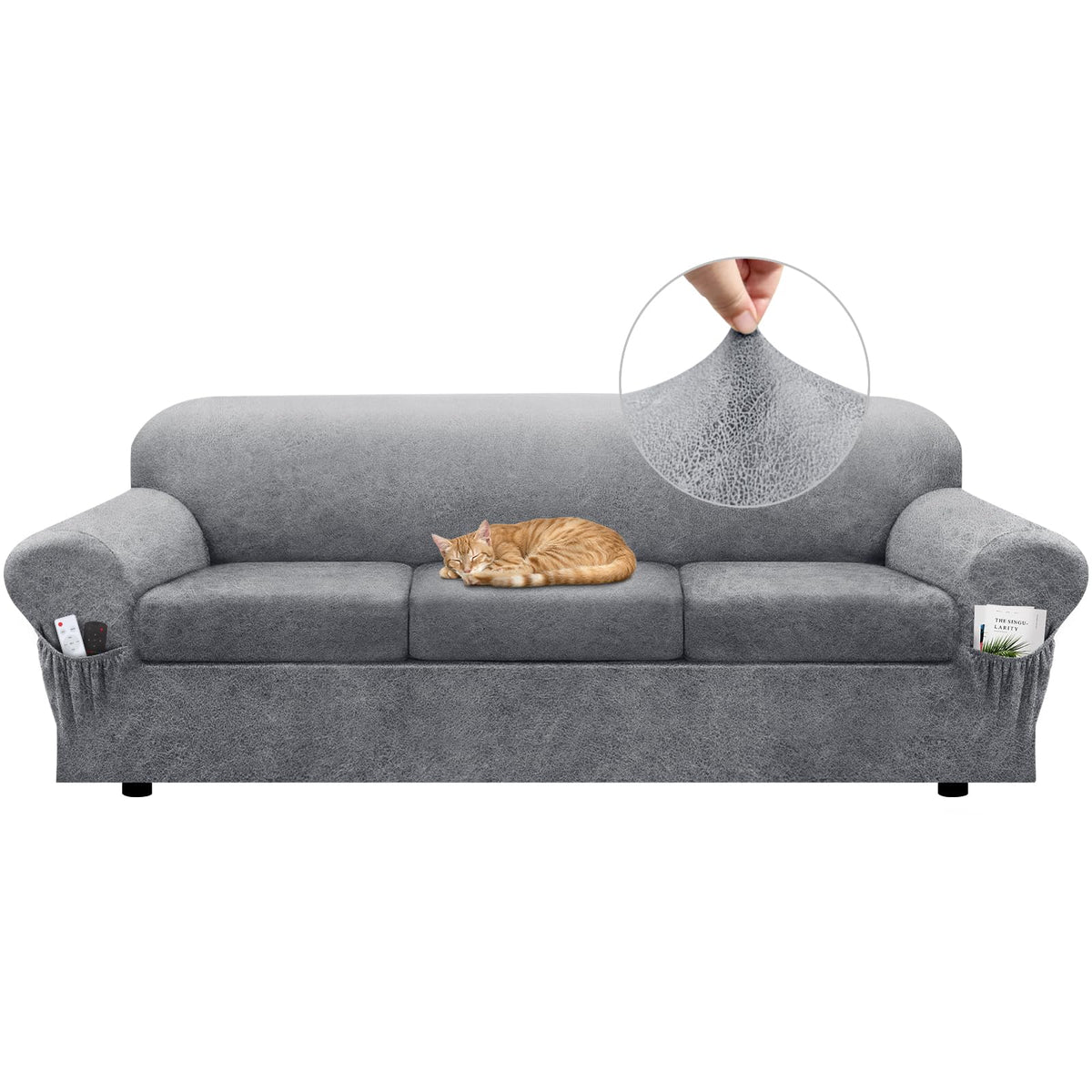Loveseat Slipcover with Armrest Pockets 3-Piece Set, Stretch Faux Leather Love Seat Covers for 2-Cushion Couches(Fits 58-66") - Non-Slip, Machine Washable, Pet & Kid Friendly - Beige