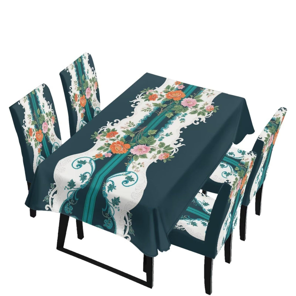 Table Cloth Rectangle Table Set of 7 Include Dining Chair Covers and Tablecloths for Dining Room Kitchen Banquet, Anti-Scratch Chair Seat Cover, Fluid Marble Print Green Gold Brown