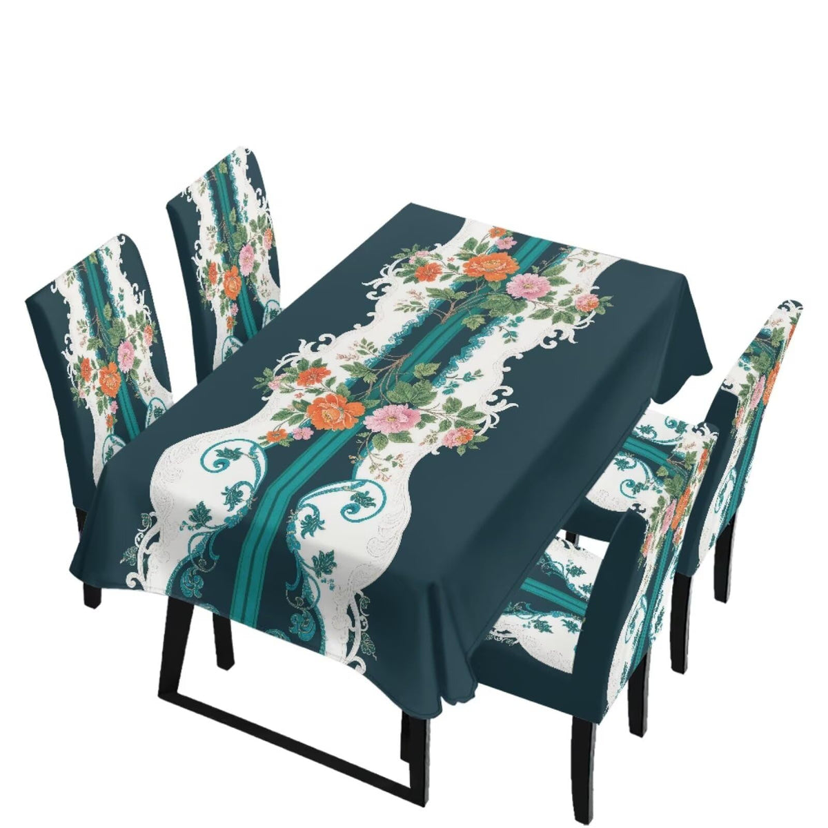 Table Cloth Rectangle Table Set of 7 Include Dining Chair Covers and Tablecloths for Dining Room Kitchen Banquet, Anti-Scratch Chair Seat Cover, Fluid Marble Print Green Gold Brown