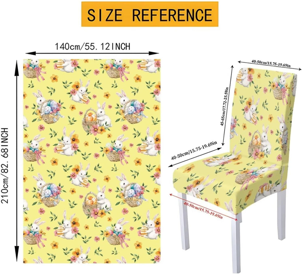 Easter Table Cloth Rectangle Table Set of 7 Include Kitchen Chair Covers and Tablecloths for Dining Room Banquet, Chair Seat Protector Cover, Easter Egg Bunny Floral Print Yellow