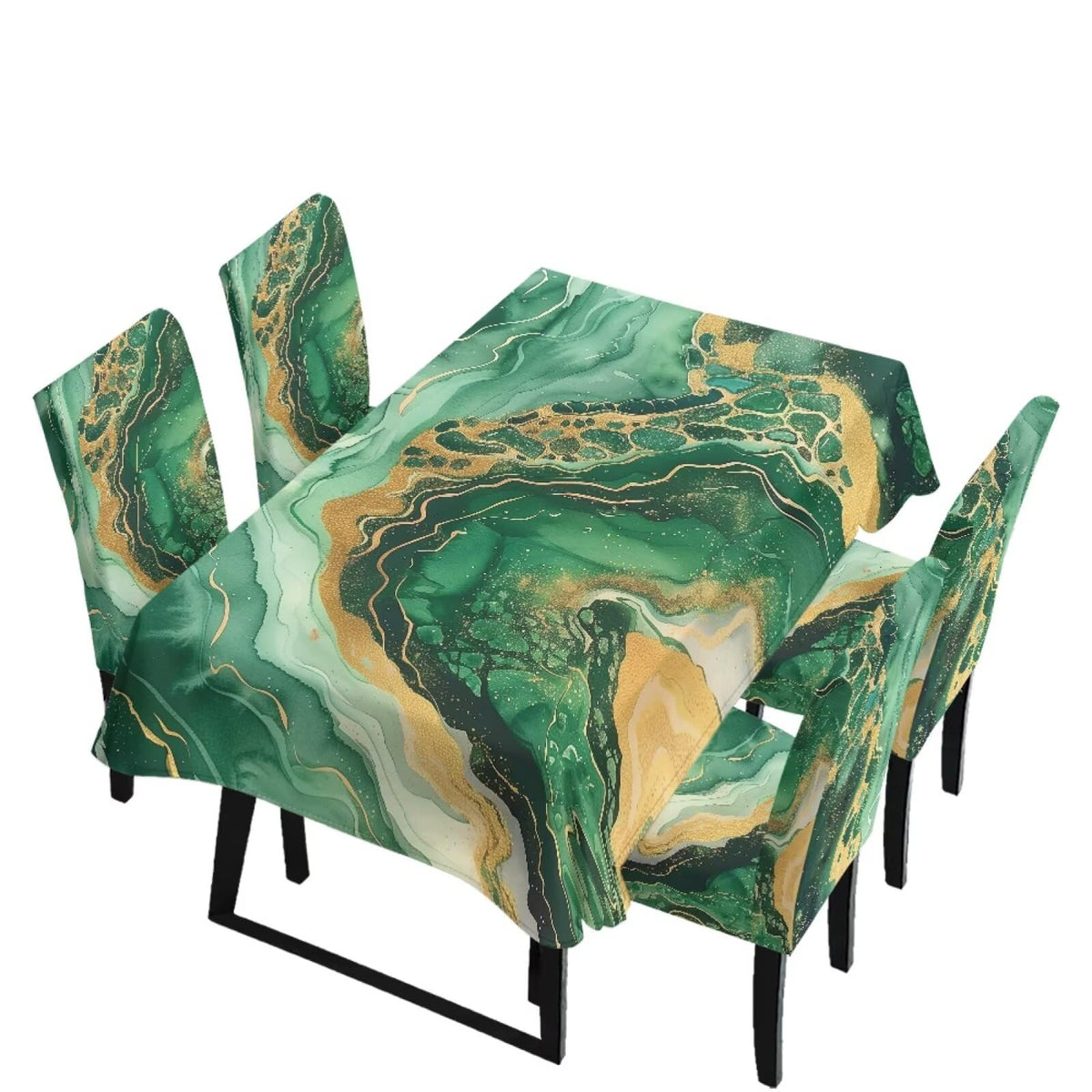 Dining Room Chair Cover and Tablecloths 7 Pack, Stain Resistant Stretch Kitchen Chair Seat Slipcovers Anti-Wrinkle Table Protector for Party, Pastoral Rose Flower Stripes Print Green