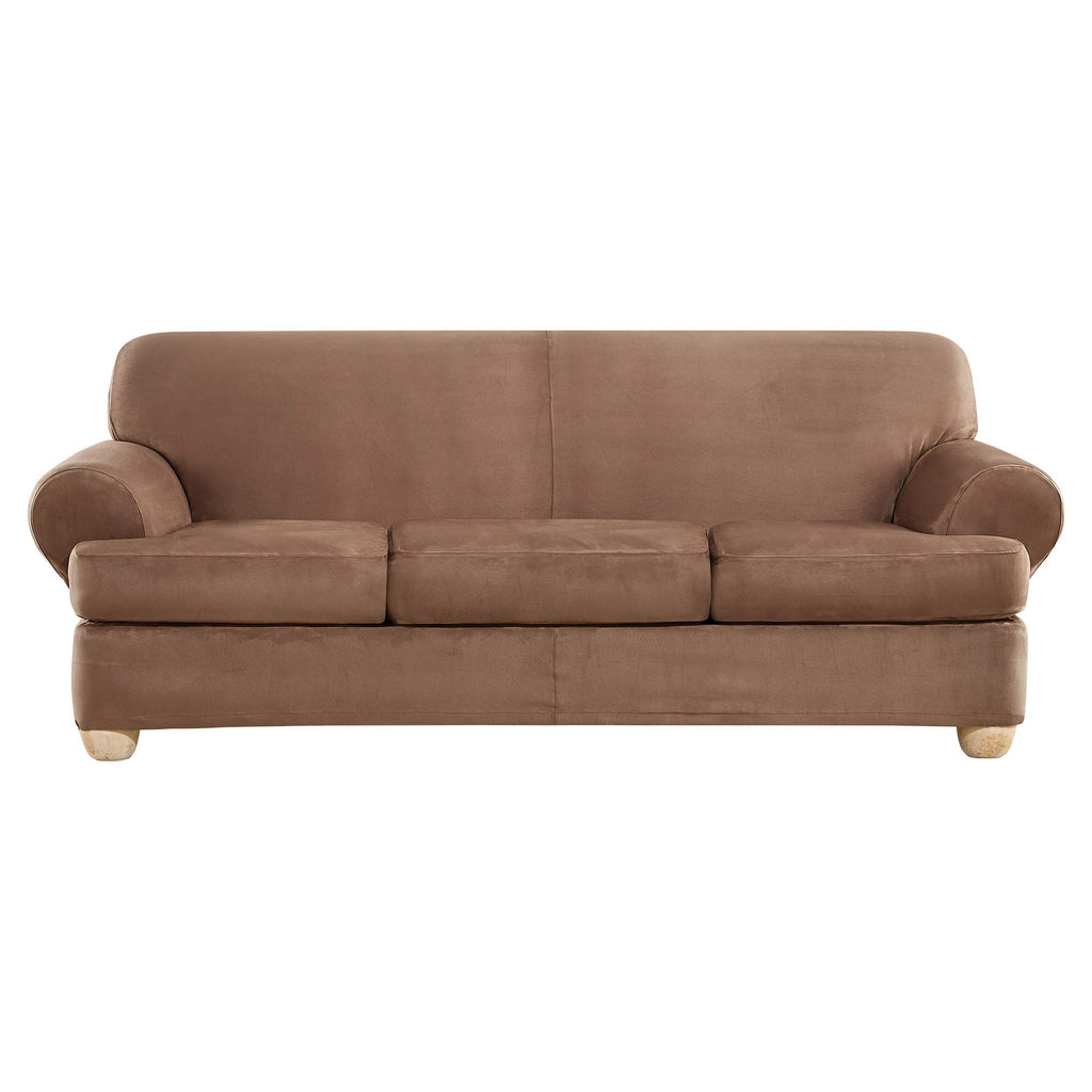 SureFit Home Décor Soft Suede Box Cushion Loveseat One Piece Slipcover, Relaxed Fit, Polyester, Machine Washable, Chocolate Color