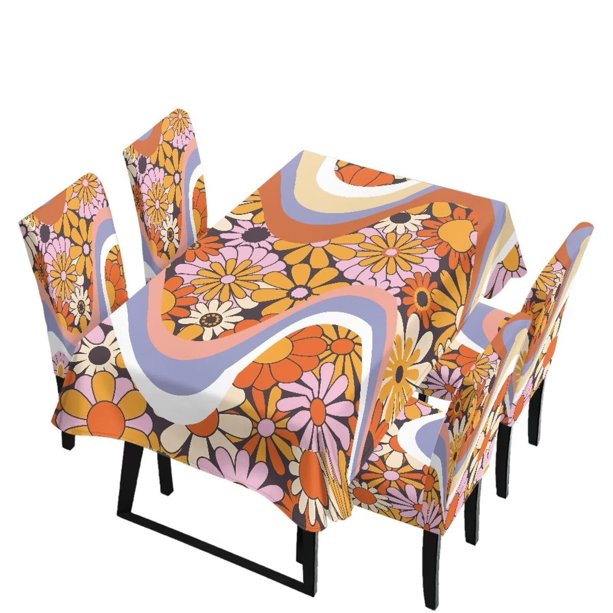 Blue Floral Rectangular Table Cloth & Dining Chair Covers Set of 5, Stain Resistant Wipeable Chair Protectors for Farmhouse Rustic Home Kitchen Party Decor