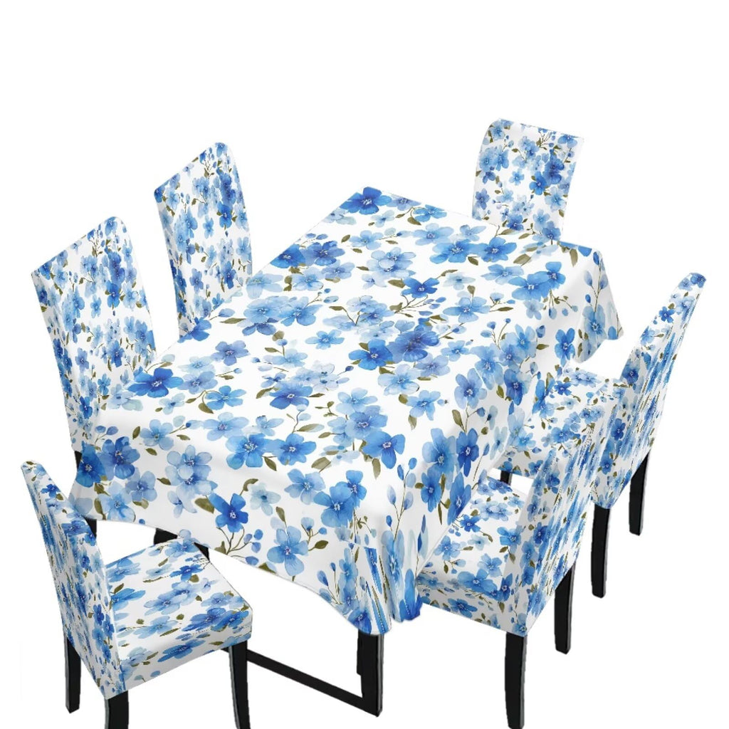 Table Cloth Rectangle Table Set of 7 Include Kitchen Chair Covers and Tablecloths for Dining Room Hotel Banquet, Anti-Scratch Chair Seat Protector Cover, Daisy Hippie Flower Print