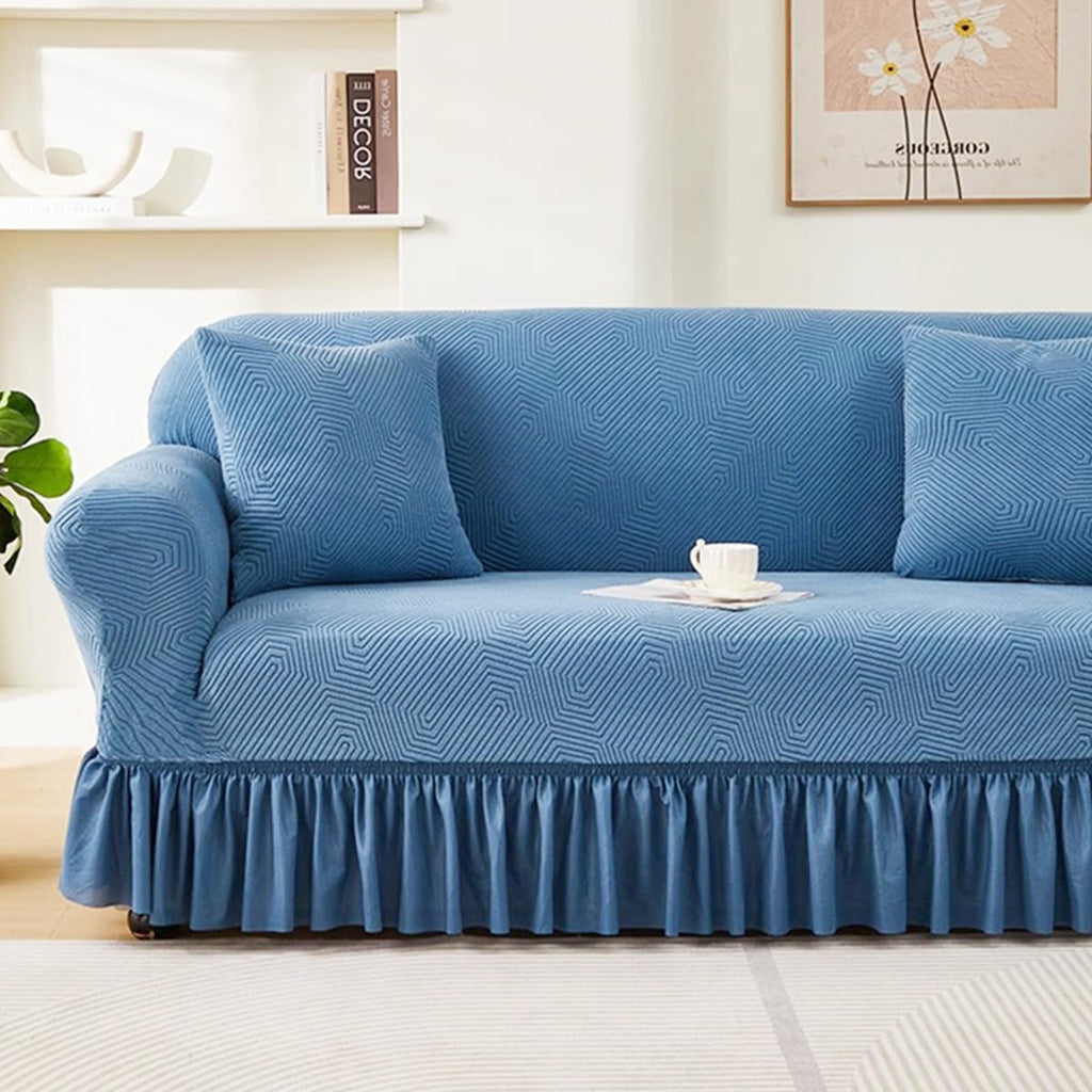 KAIJIE 1 piece Double seat Textured Sofa Slipcover with Ruffle Skirt,Elastic Stretch Fabric，Leaf Pattern Design Thick Anti Slip Protective Cover C-01Haze Blue