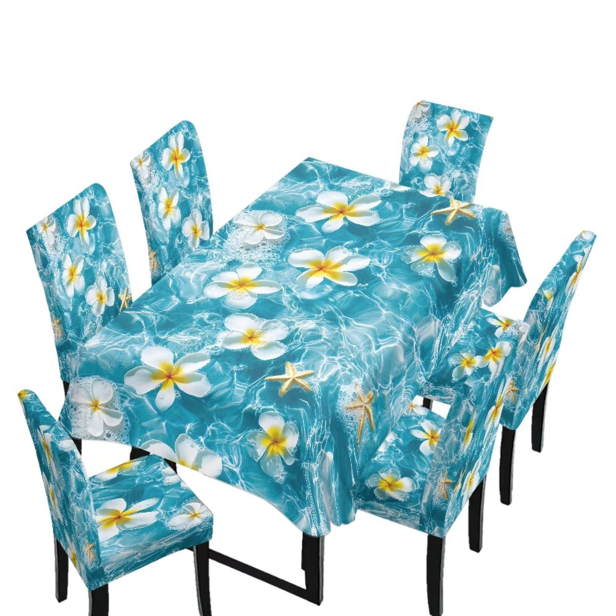 Dining Room Chair Cover and Tablecloths 7 Pack, Stain Resistant Stretch Kitchen Chair Seat Slipcovers Anti-Wrinkle Table Protector for Party, Pastoral Rose Flower Stripes Print Green